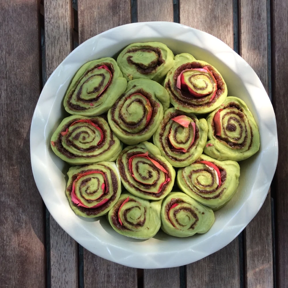 Matcha and Rose Petal Cinnamon Buns with Strawberry Glaze