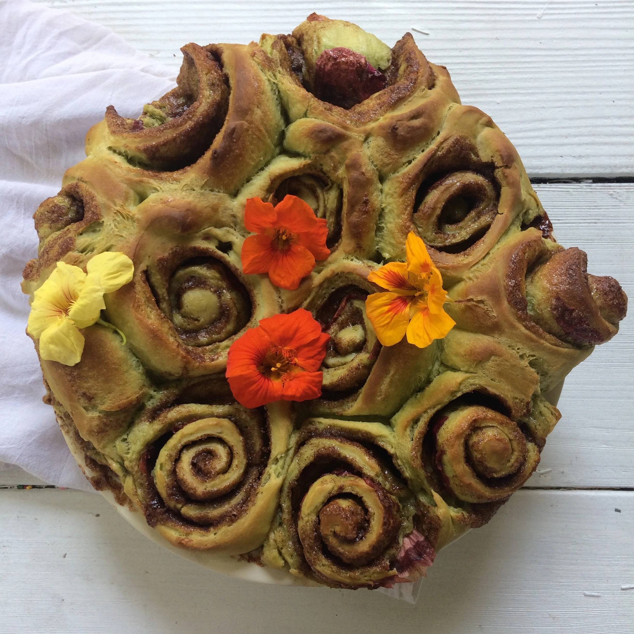 Matcha and Rose Petal Cinnamon Rolls