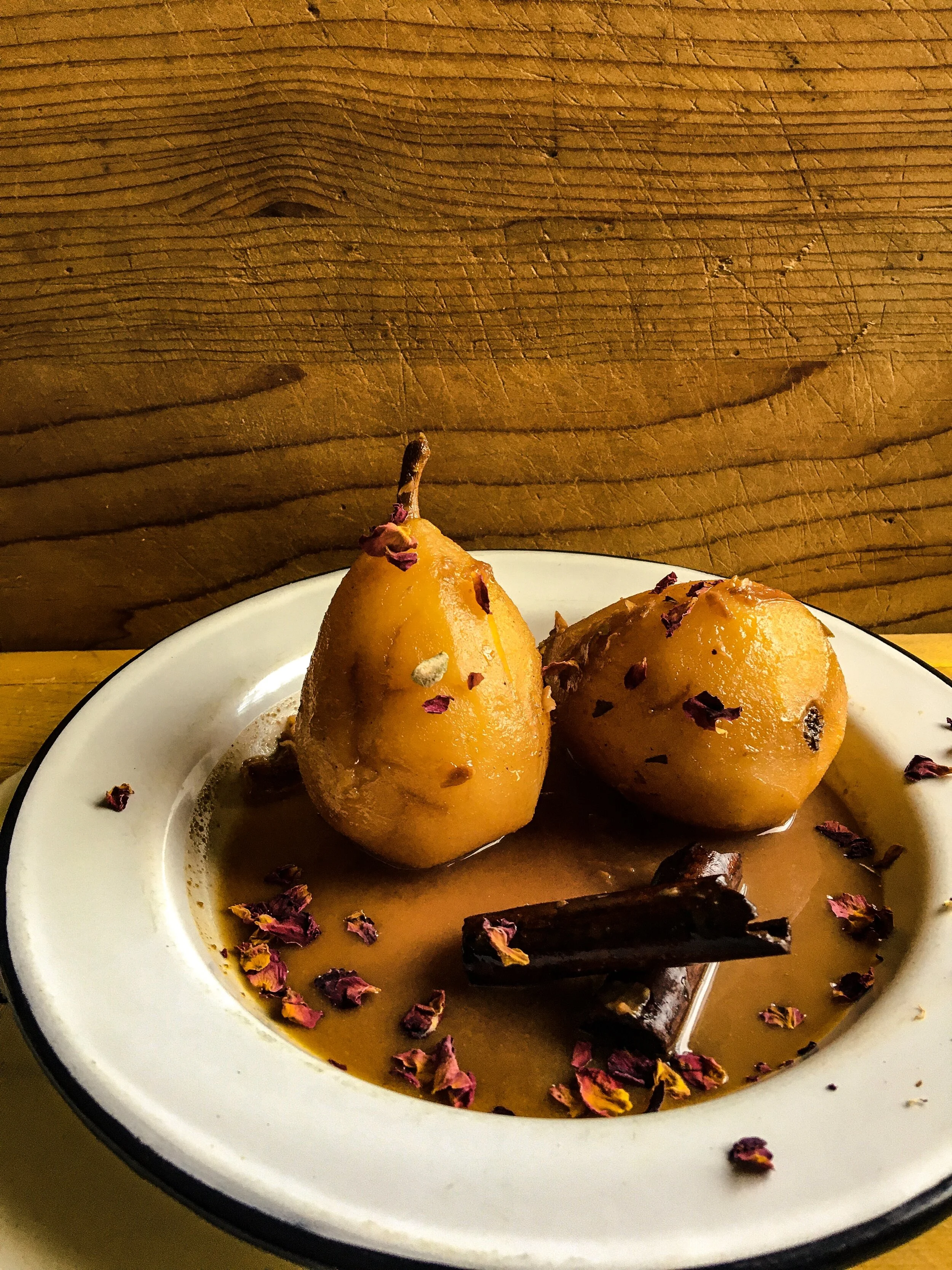 Poached Pears with Rose Petal Sauce