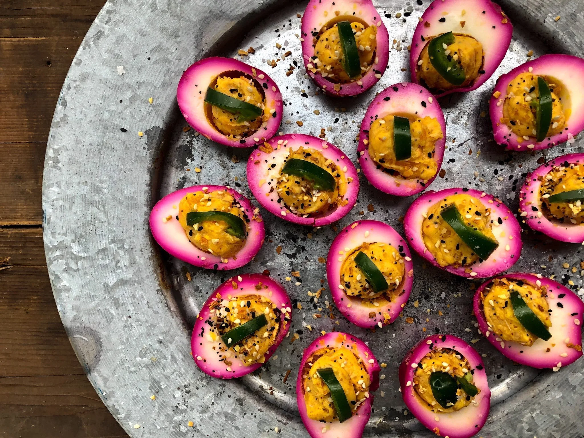 Rosehip and beet deviled eggs