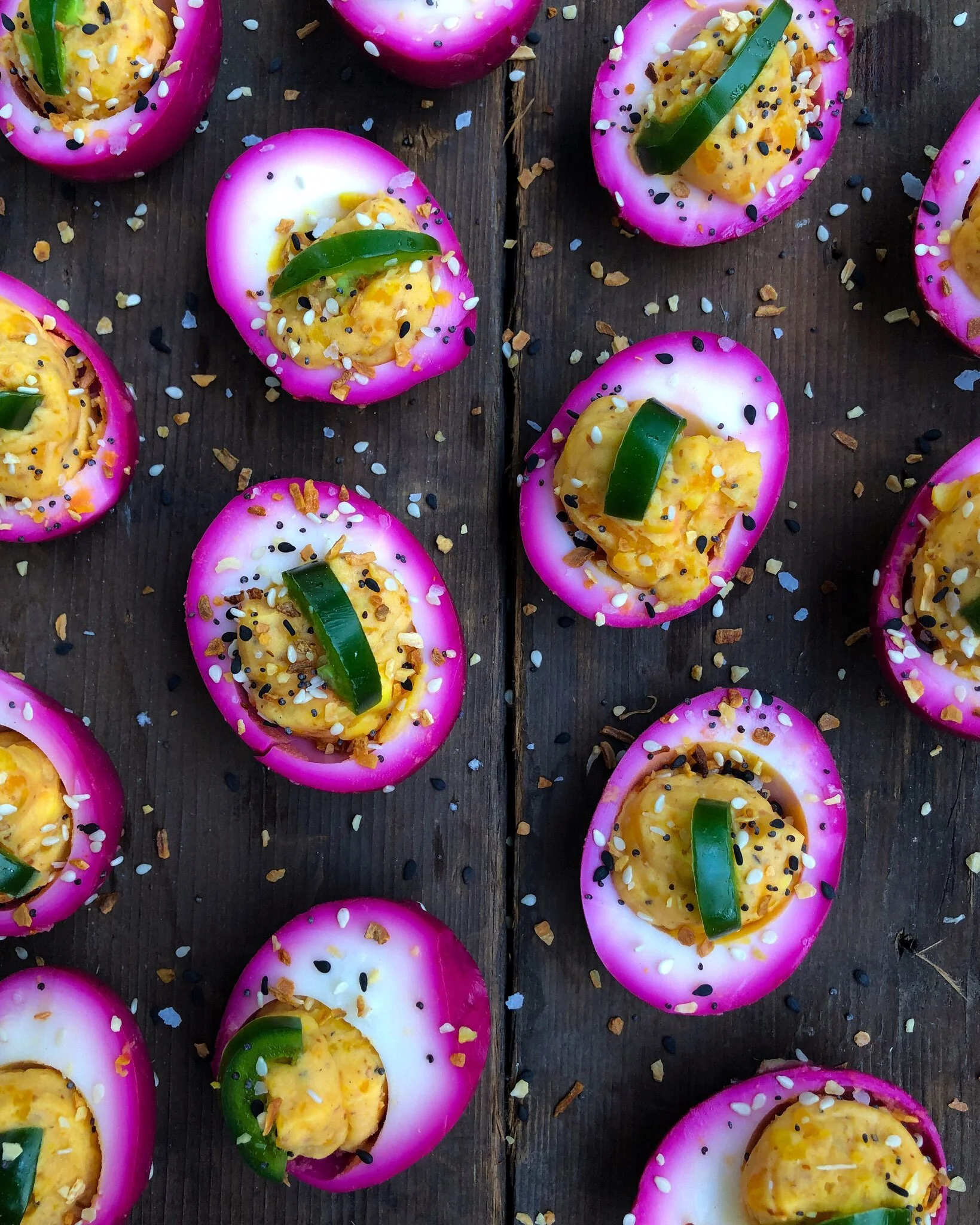 Rosehip and beet deviled eggs