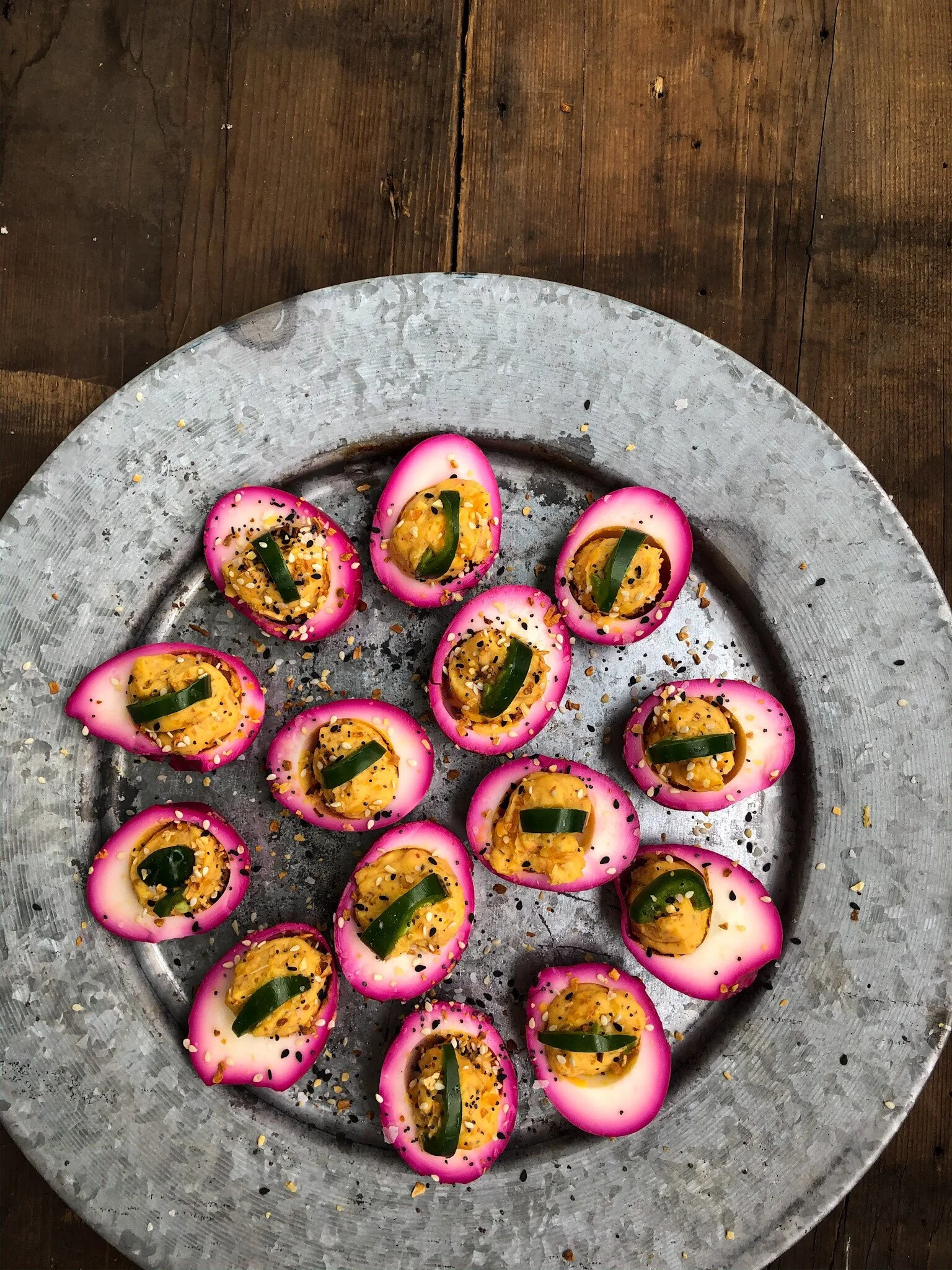 Rosehip and beet deviled eggs