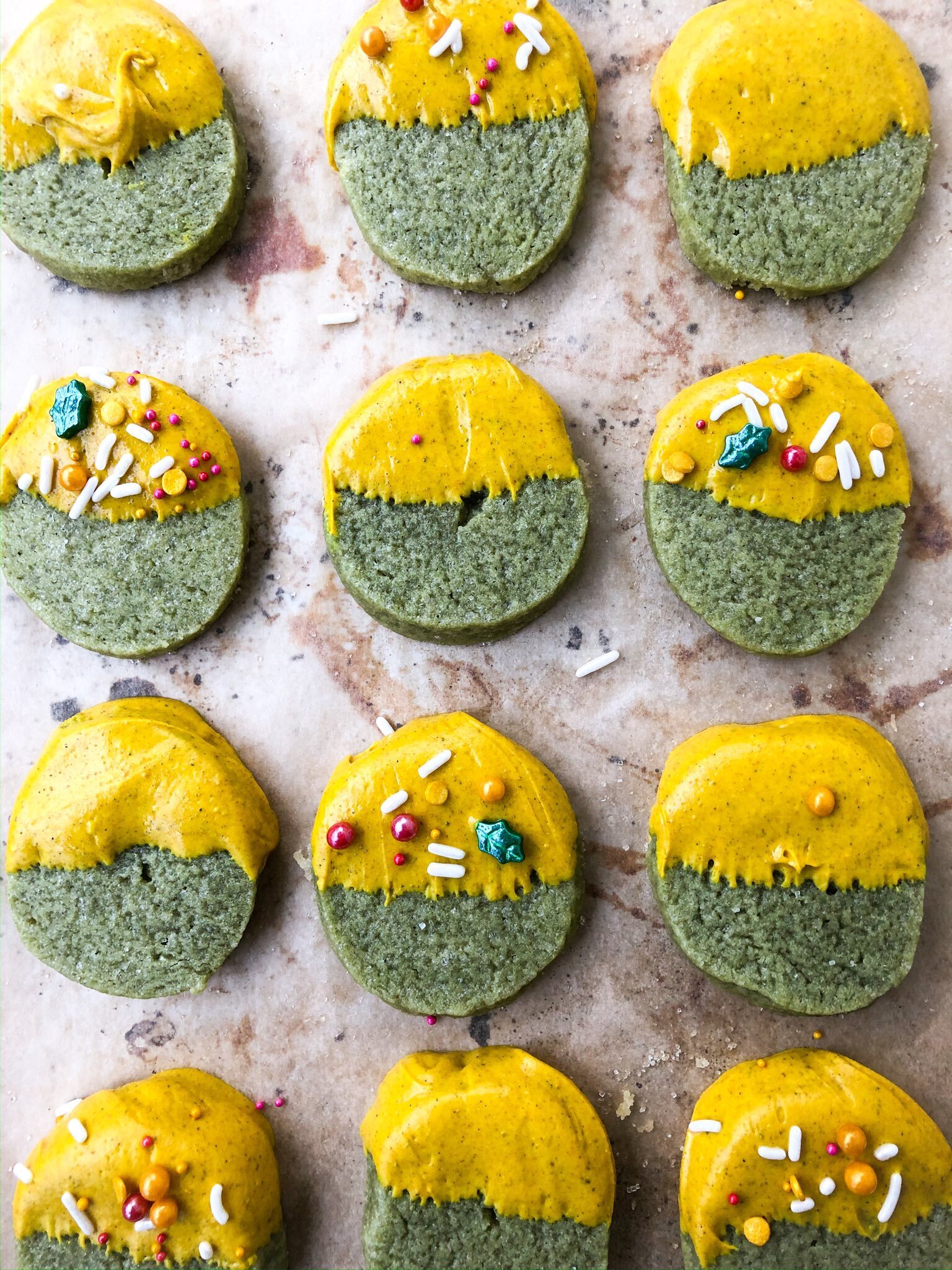 Matcha Shortbread Cookies with Golden Milk Chocolate