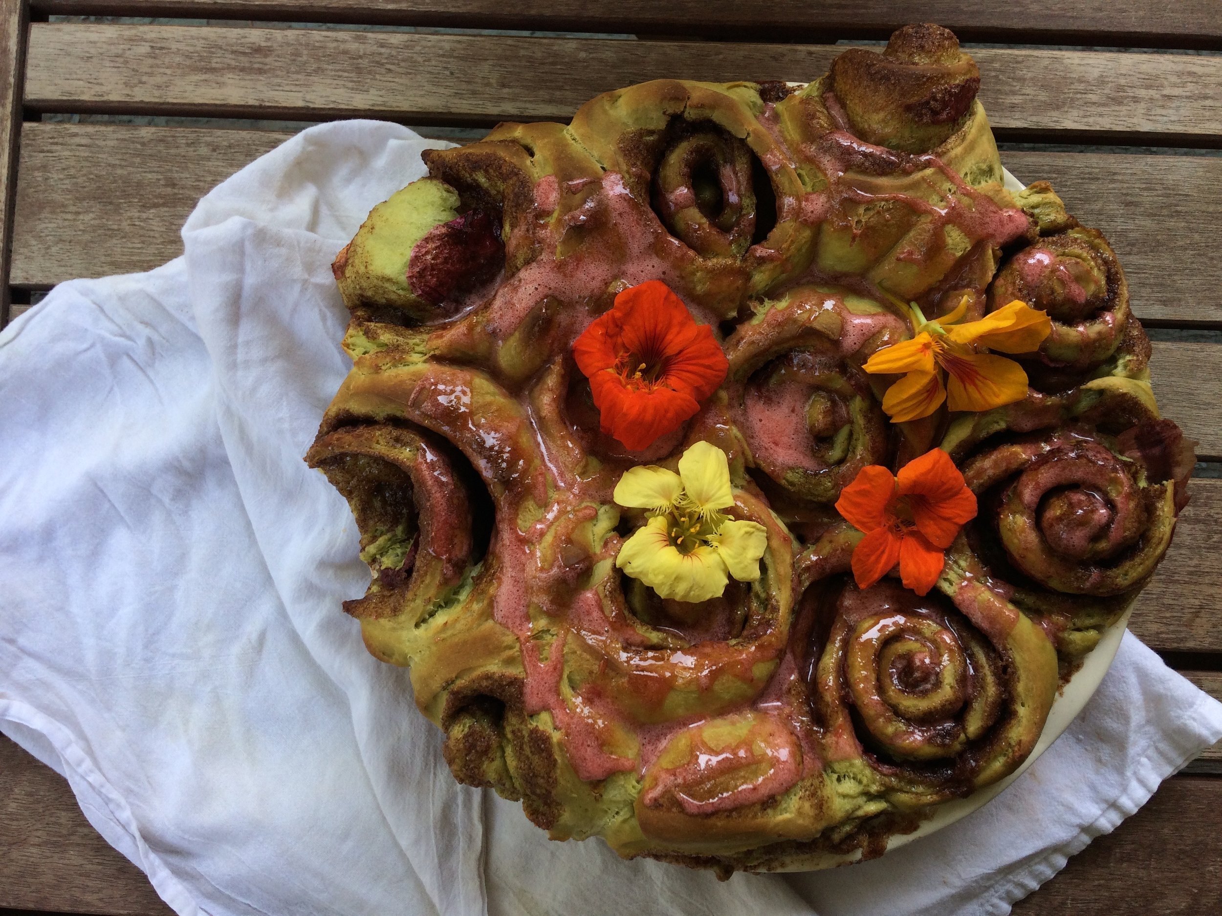 Matcha and Rose Petal Rolls with Strawberry Glaze