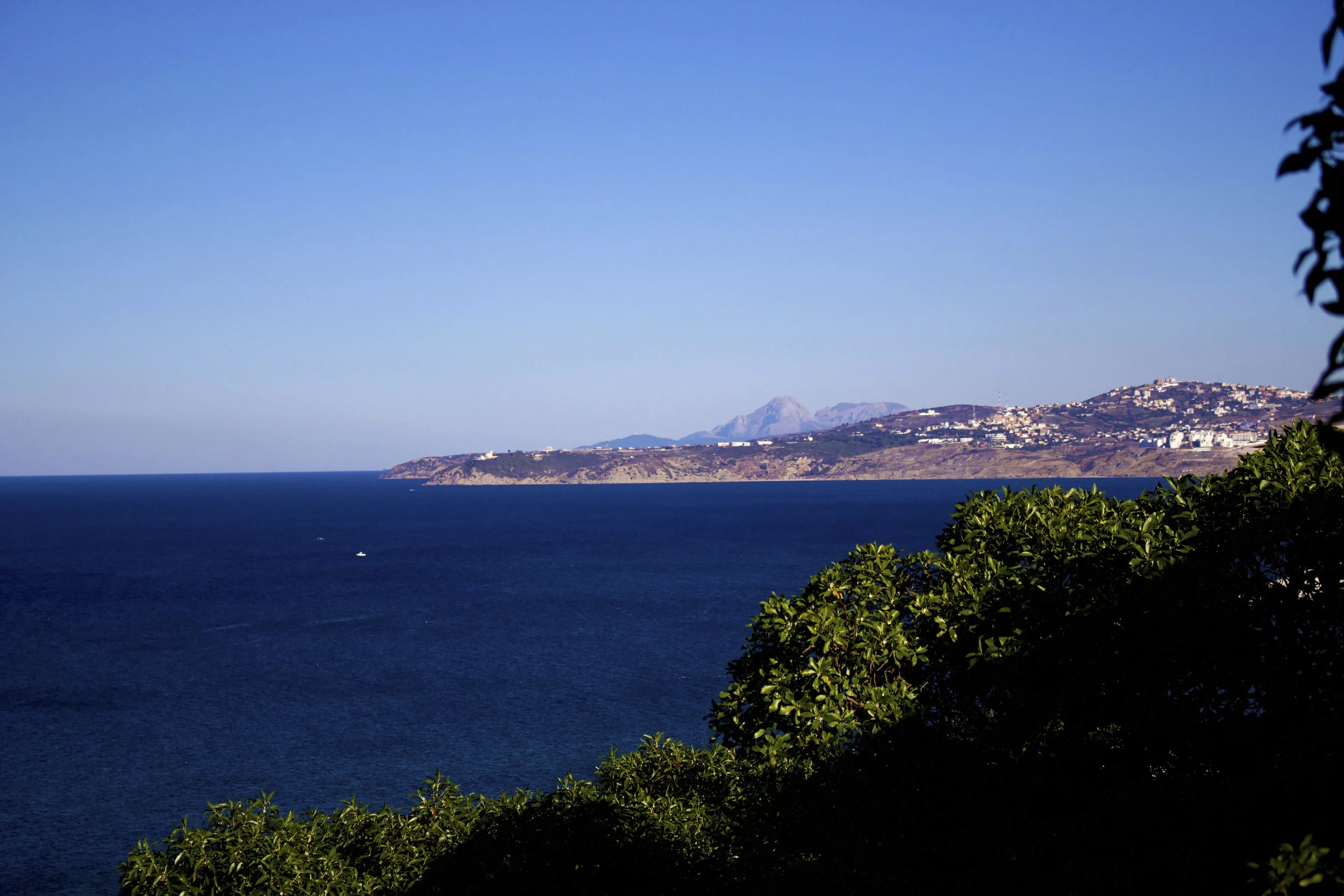  A view of the rock of Gibraltar (426m) and the spanish coastline from Cafe Hafa in Tangier, Morocco.&nbsp; 