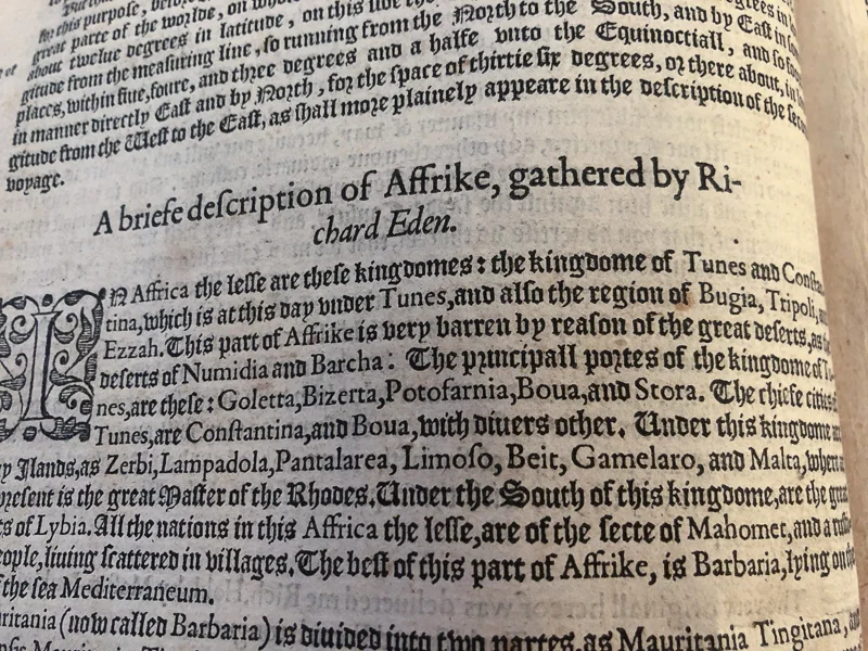 Notice the change in font and style half way through “Richard Eden” in the title? That’s a 16th Century moveable type “whoops!”