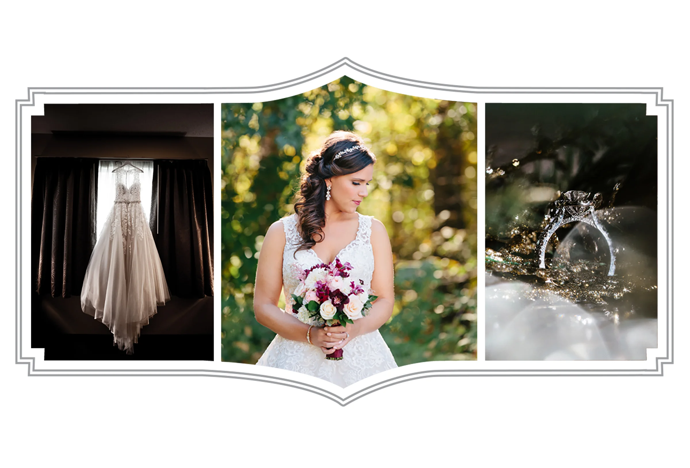 A wedding dress hanging on a hanger in front of dark curtains, a bride in a white lace wedding gown holding a bouquet of pink and white flowers outdoors, and a close-up of a diamond engagement ring submerged in water with sparkles.