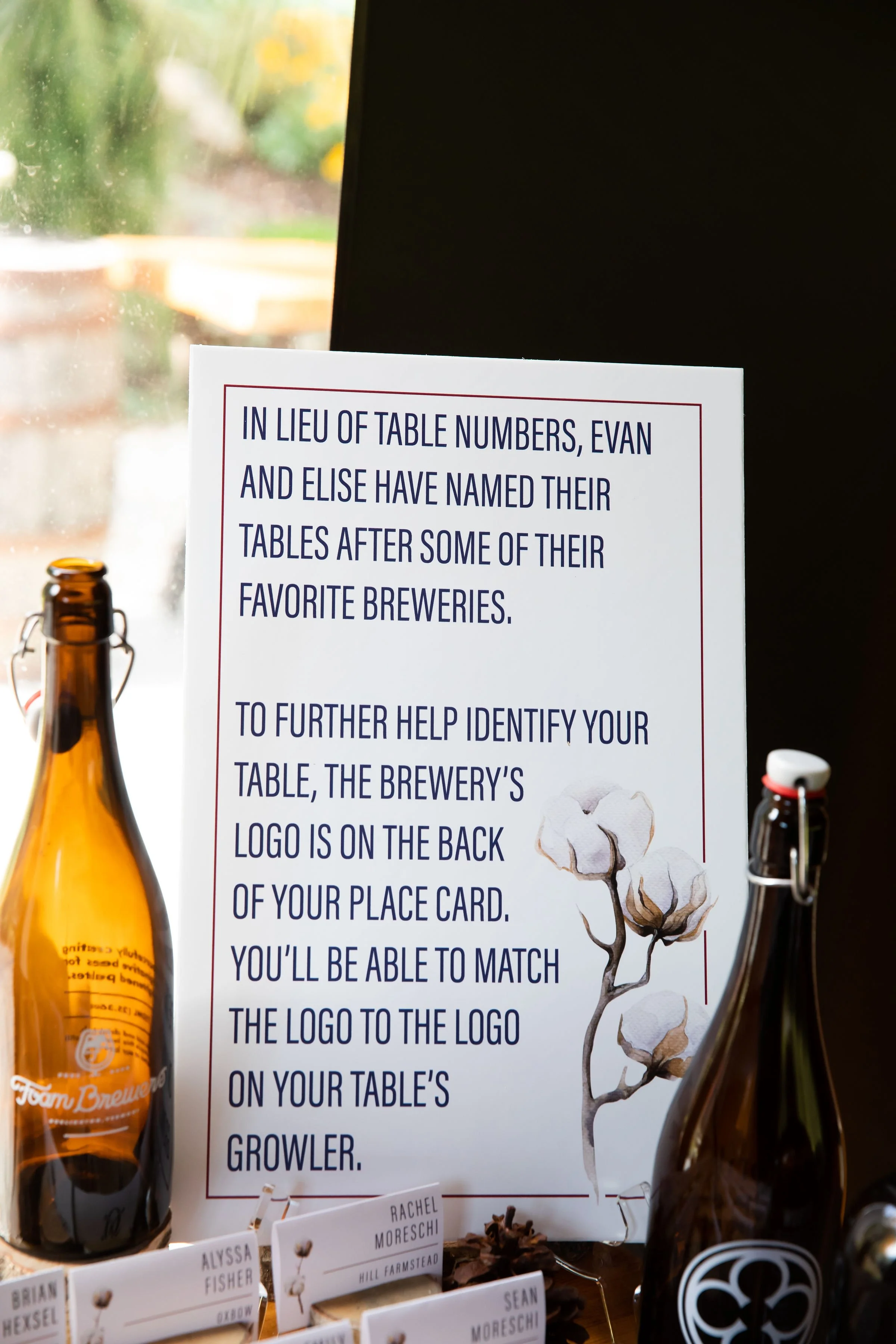 A sign explaining that instead of table numbers, customers are named after their favorite breweries, with brewery logos on the back of small place cards for table identification. The sign features illustrations of cotton plants and is surrounded by b
