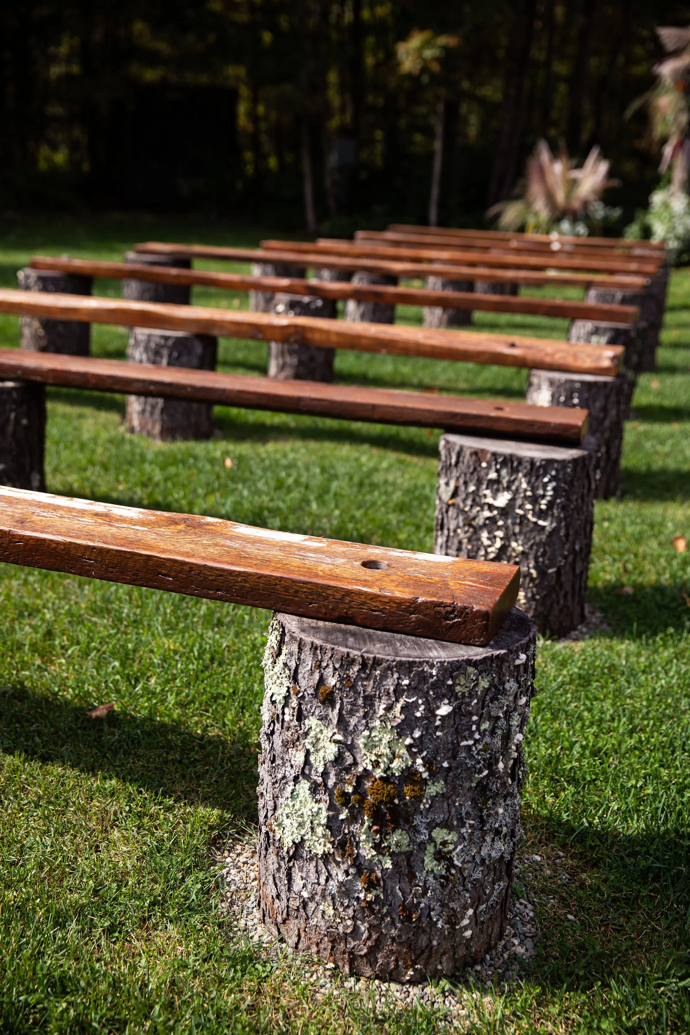 Line of wooden benches made from tree trunks with wooden planks on top, set outdoors on a grassy area during daytime.