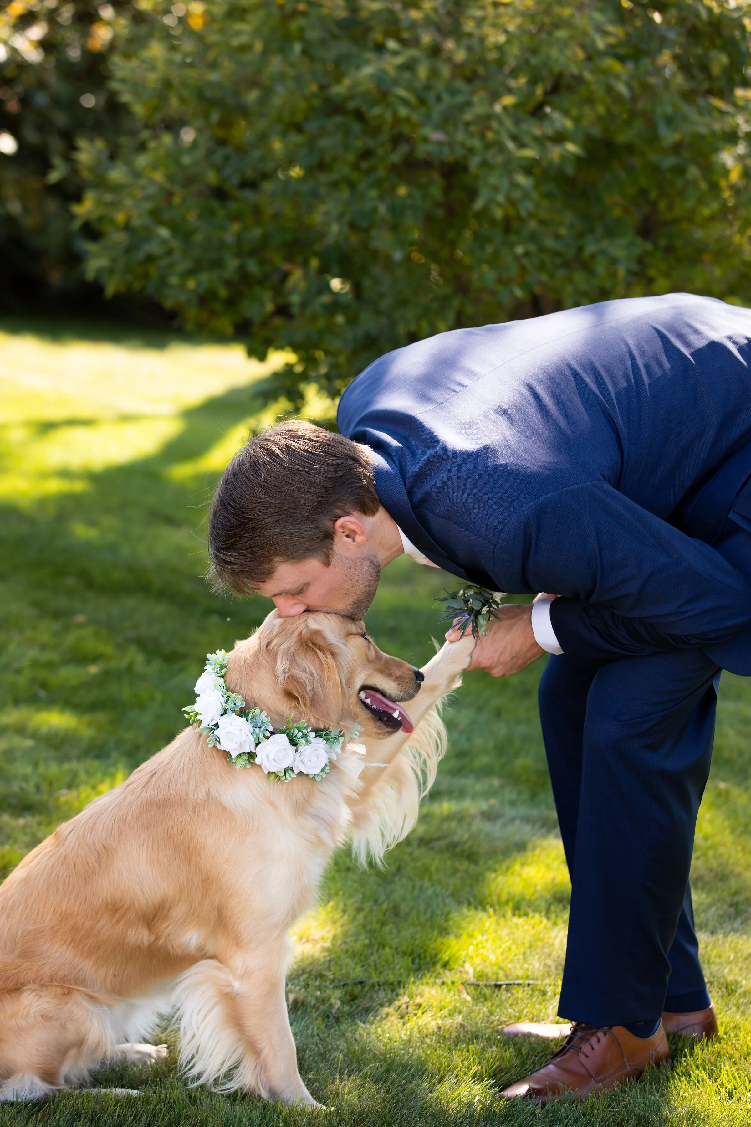 A man in a dark suit leaning down to kiss a golden retriever, which is sitting on grass, wearing a flower collar, during what appears to be a wedding or special occasion outdoors.