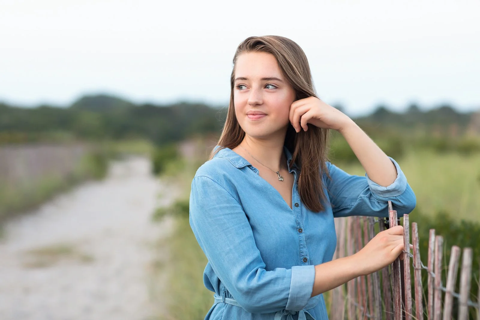 Young woman with brown hair in a blue dress leaning on a metal fence outdoors, with a blurred natural landscape in the background.