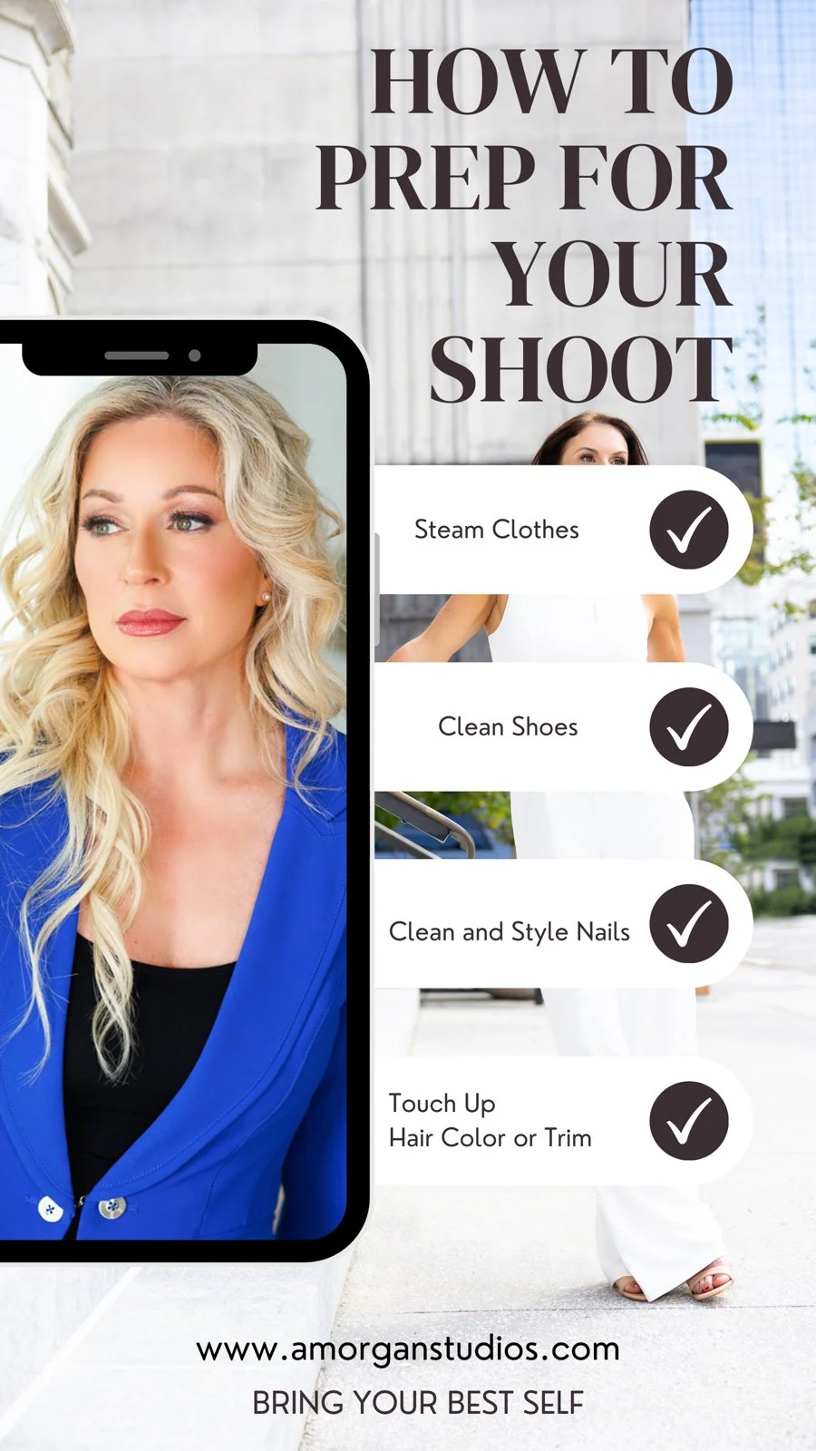 Promotional graphic for photo shoot preparation tips, showing a woman on a smartphone screen with styled hair and makeup, and a checklist of tasks including steam clothes, clean shoes, style nails, and touch up hair color or trim, with a city background.