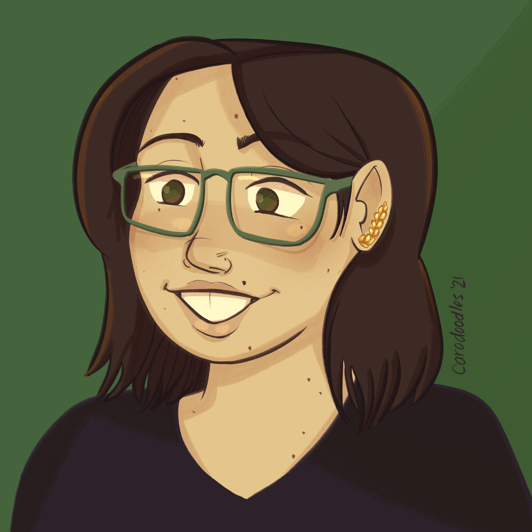 A colour digital art of Carlisle, a white person with long brown hair, green eyes, and glasses.