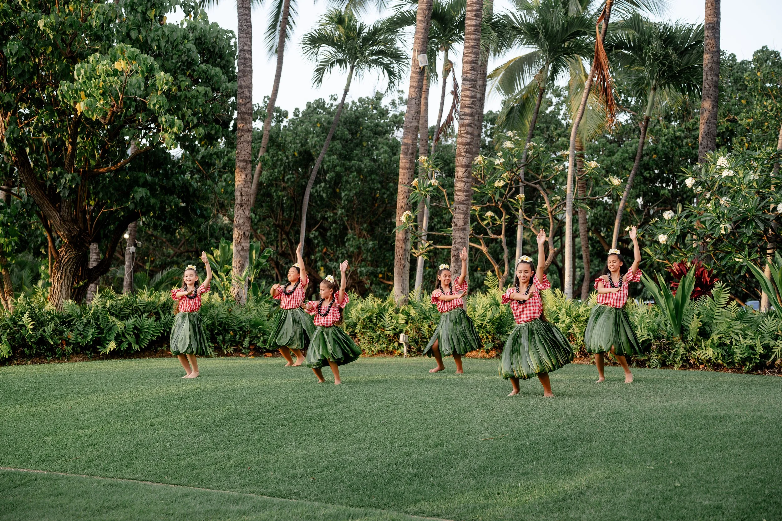 Keiki hula dancer performing on lawn grass for guests during dinner