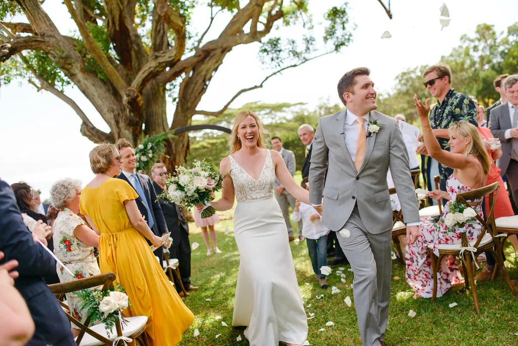 Soft romantic barn destination wedding on Oahu, Hawaii.