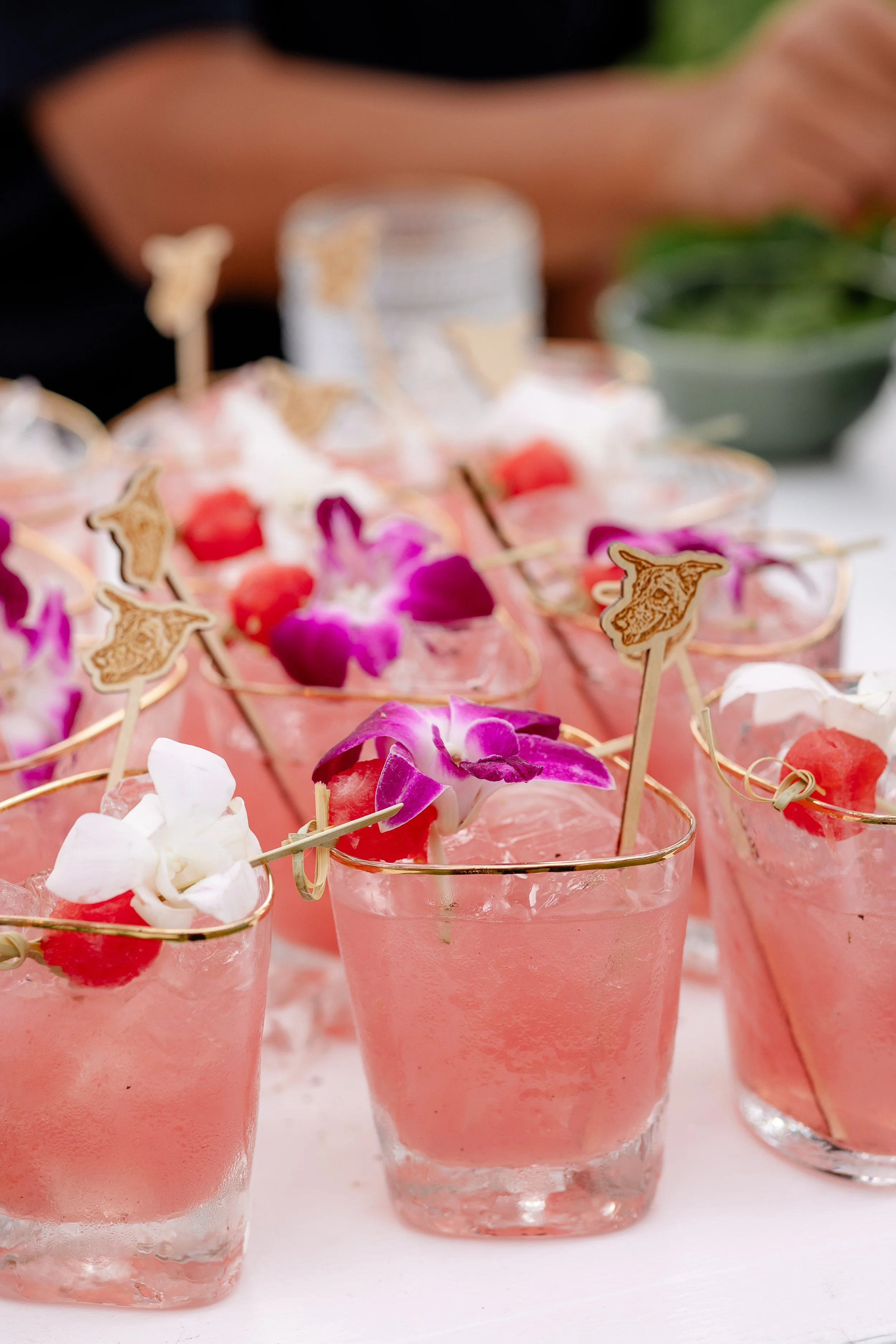 tropical pink cocktail with purple orchid