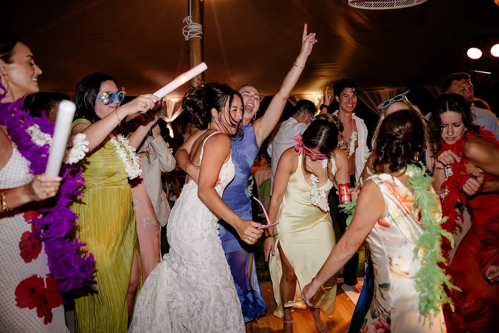 wedding guests dancing with dance floor props