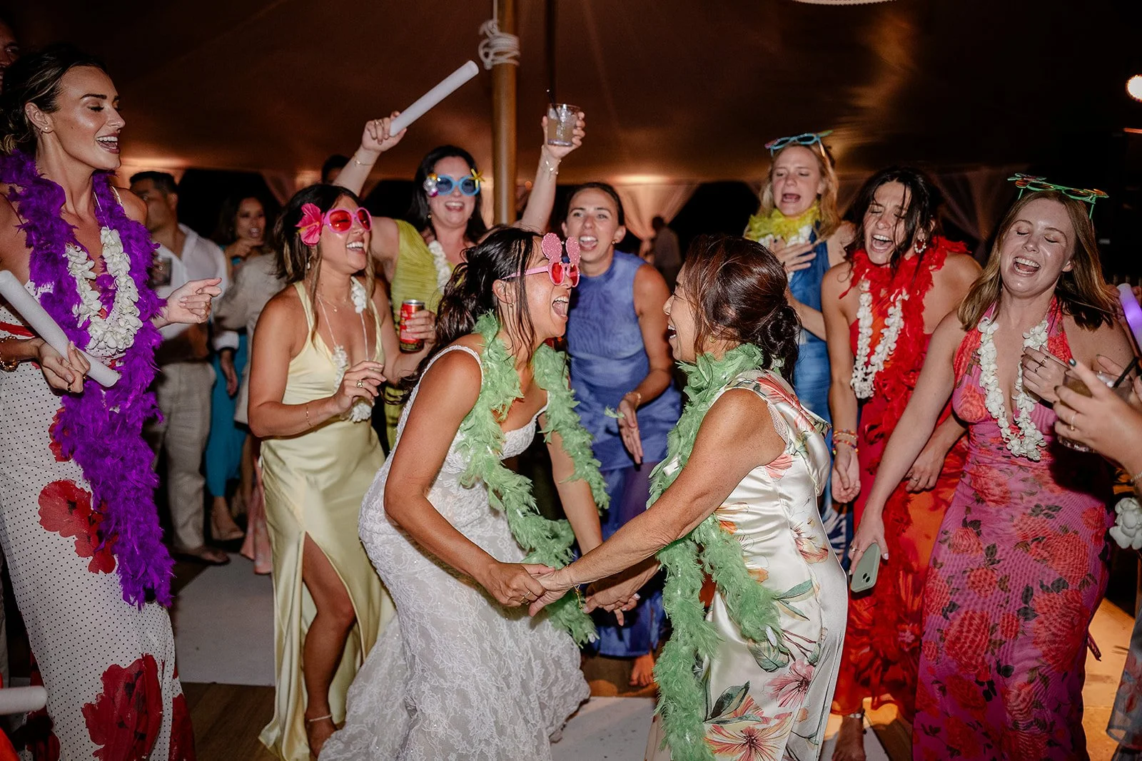 wedding guests dancing with dance floor props