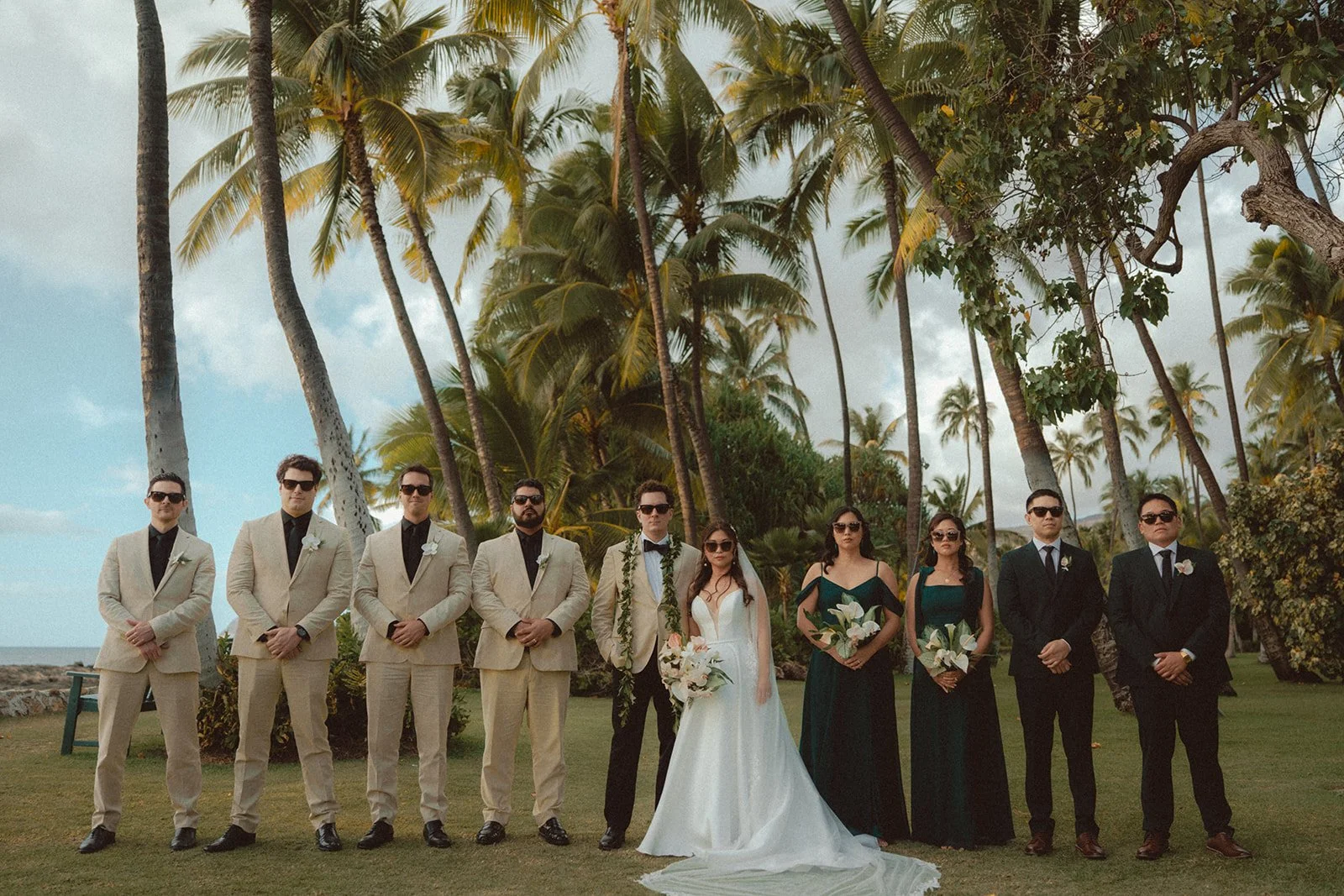 wedding party with sunglasses at wedding in hawaii