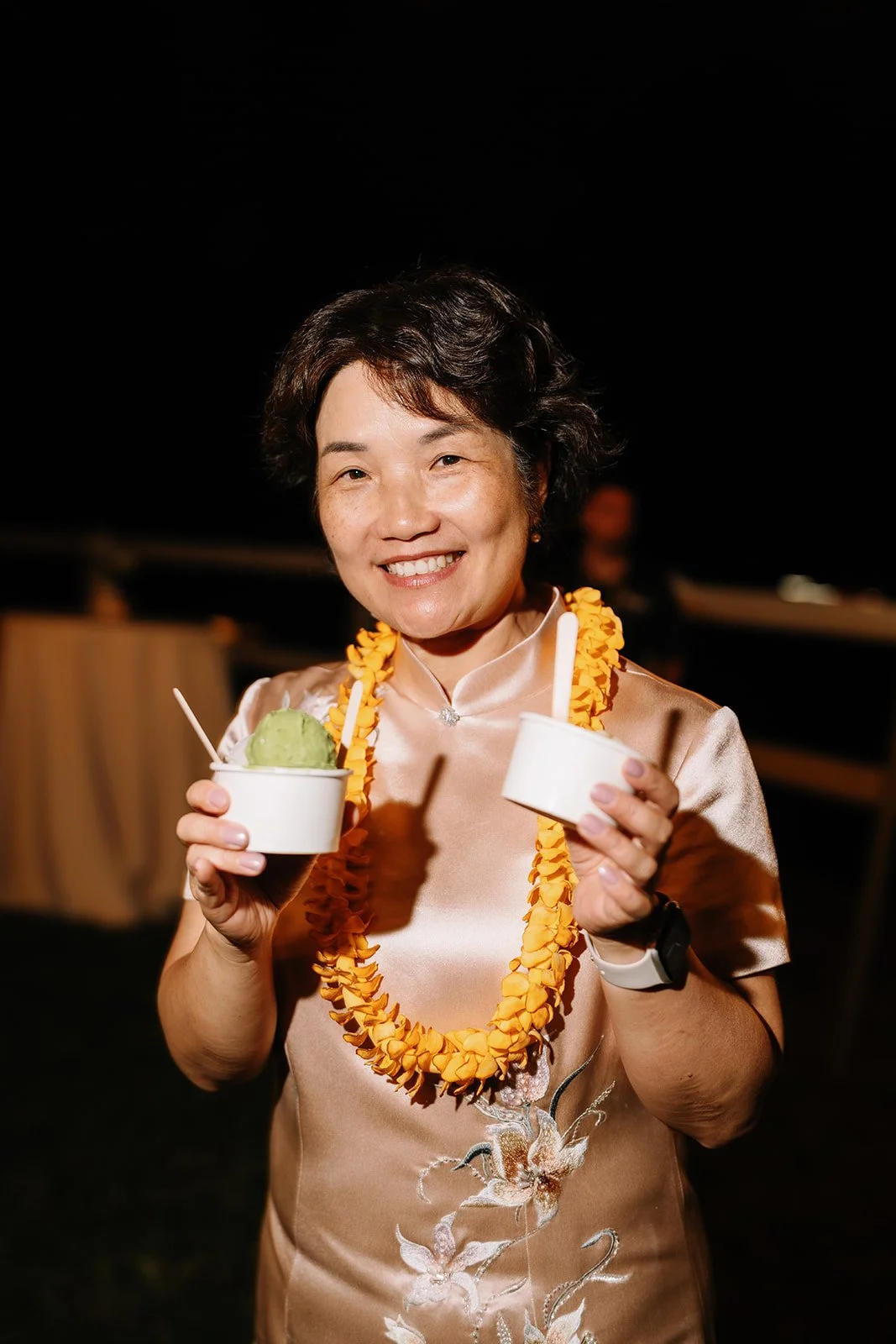 Guest posing with a cup of gelato