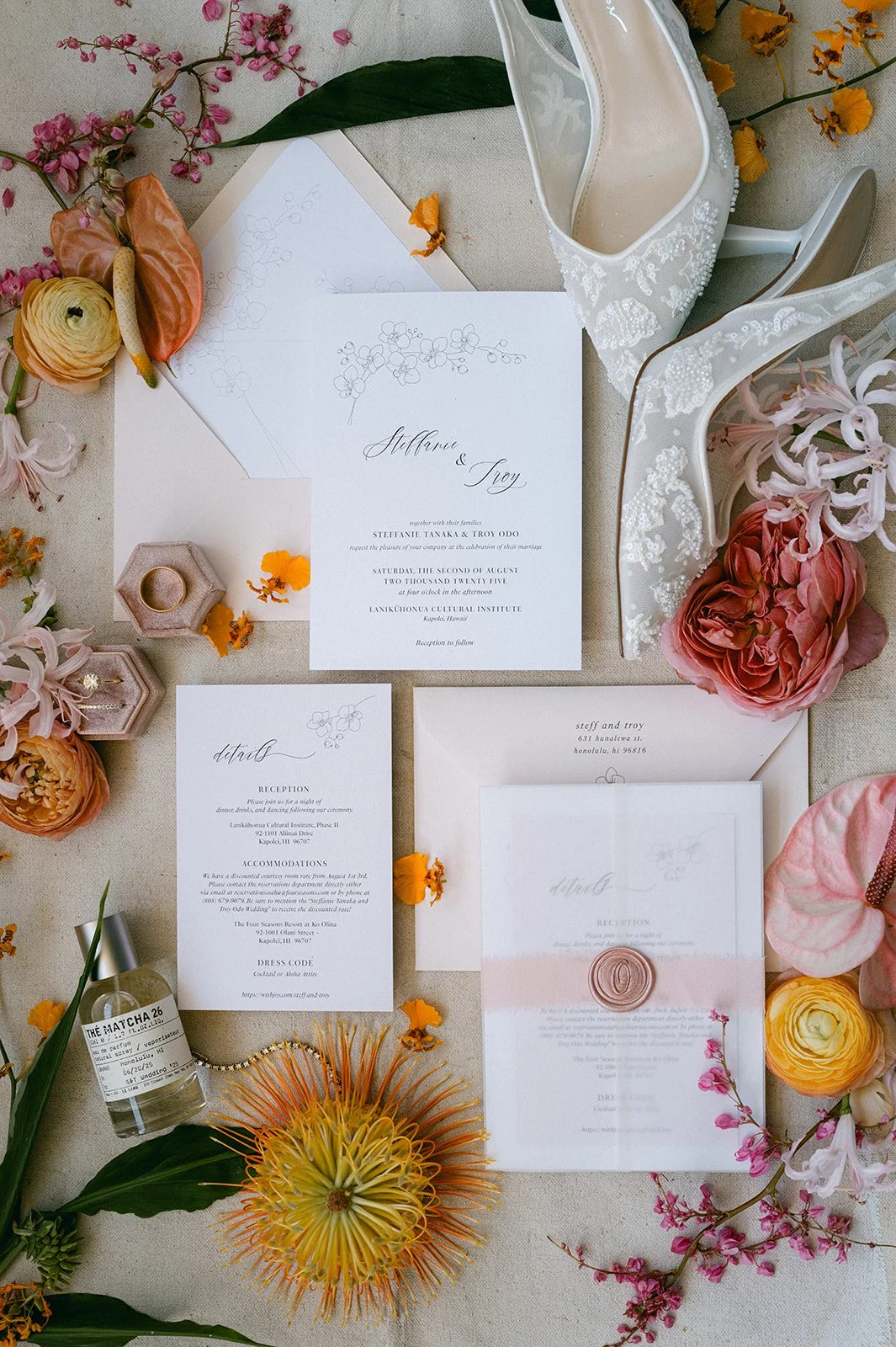 wedding invites with pink, orange and yellow flowers