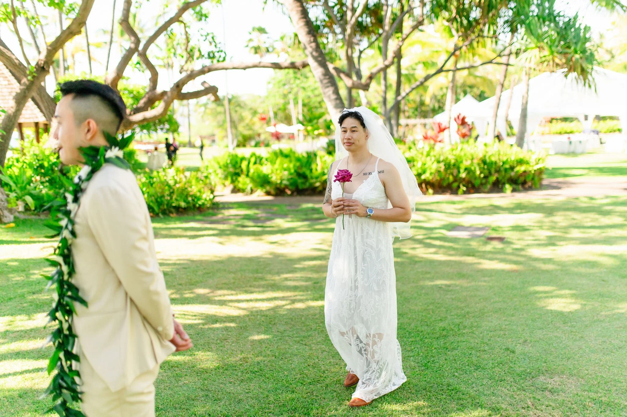 groomsman in wedding dress surprising groom
