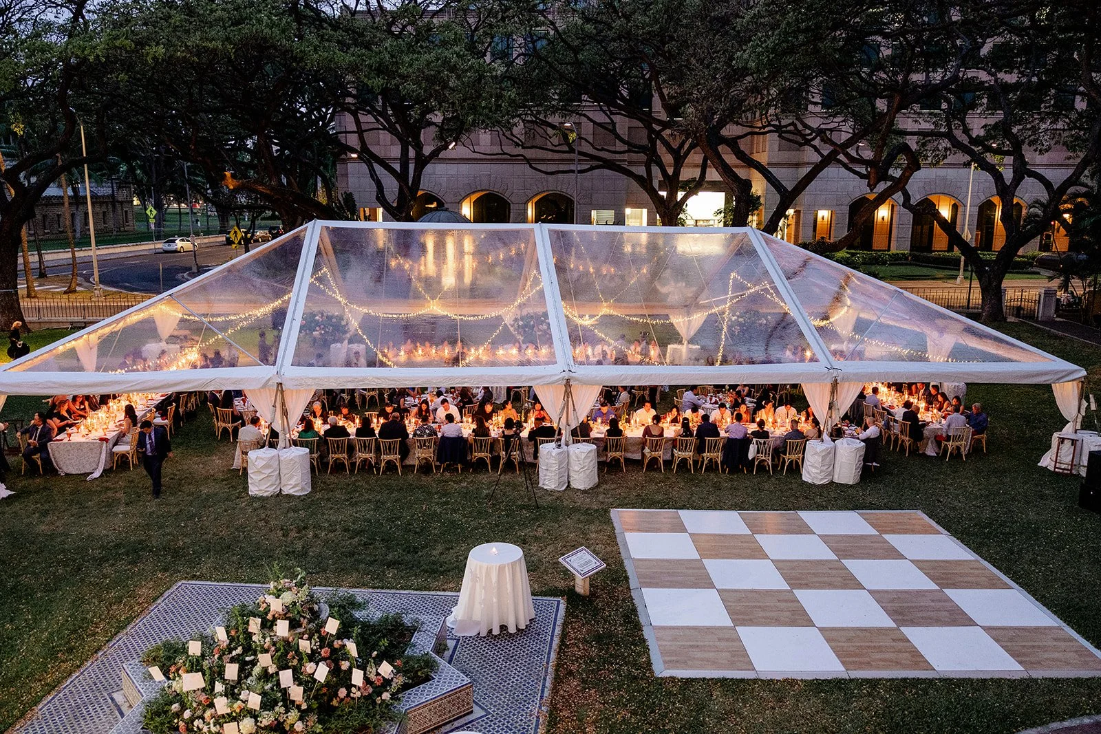 clear top tent with string lights