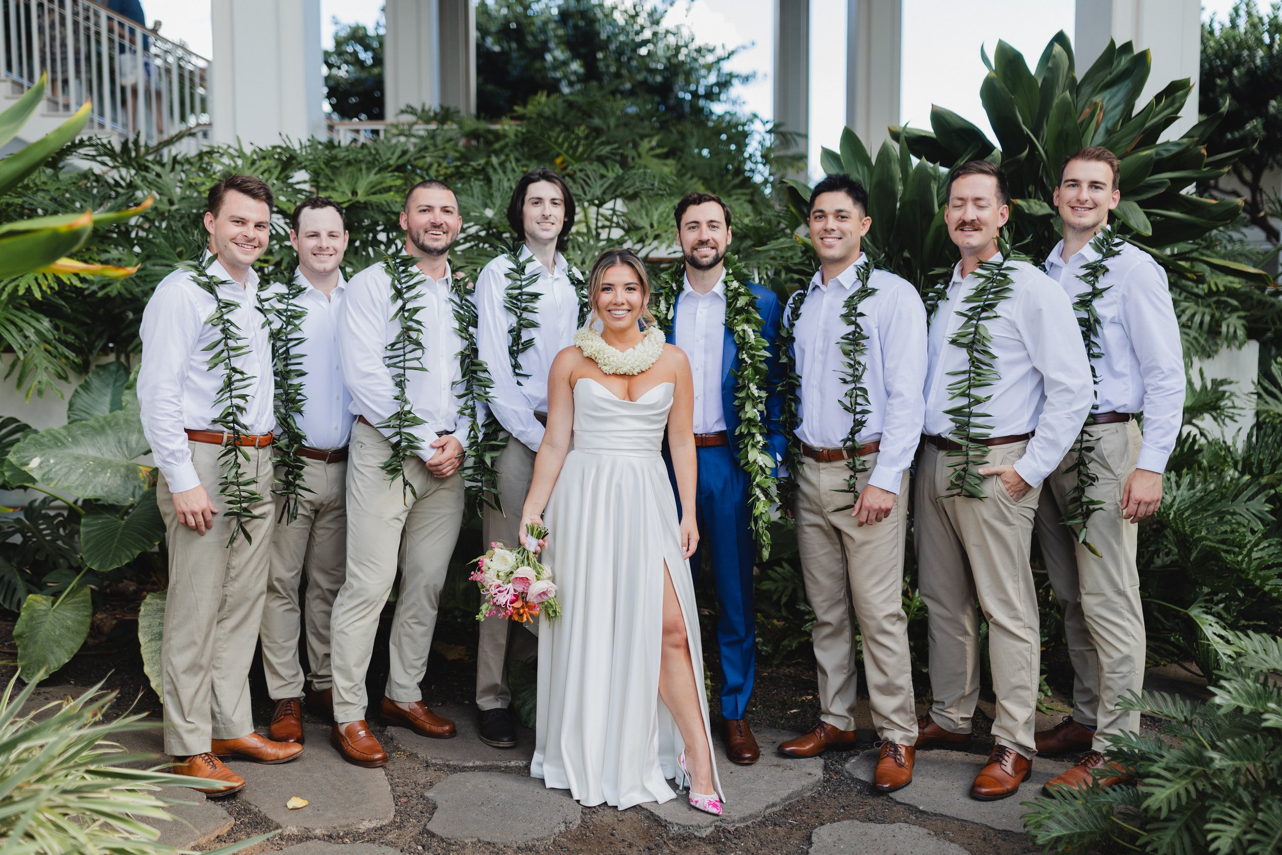 bride and groom with groomsmen