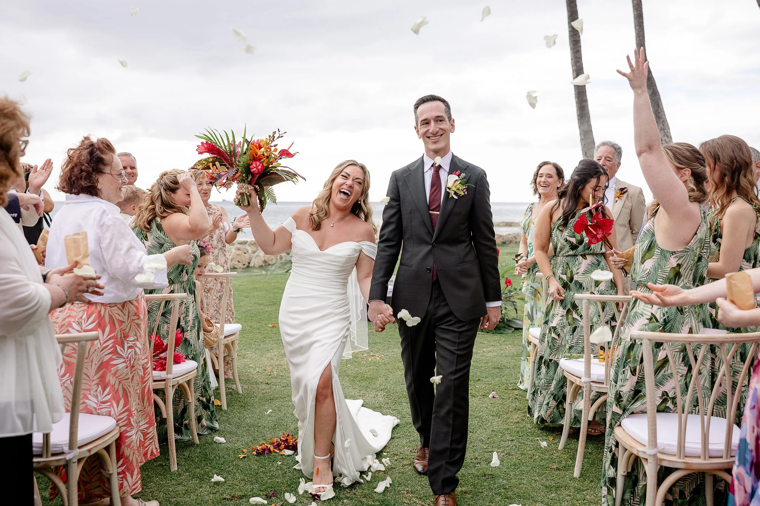 bride and groom walking down the aisle at ceremony in Hawai'i