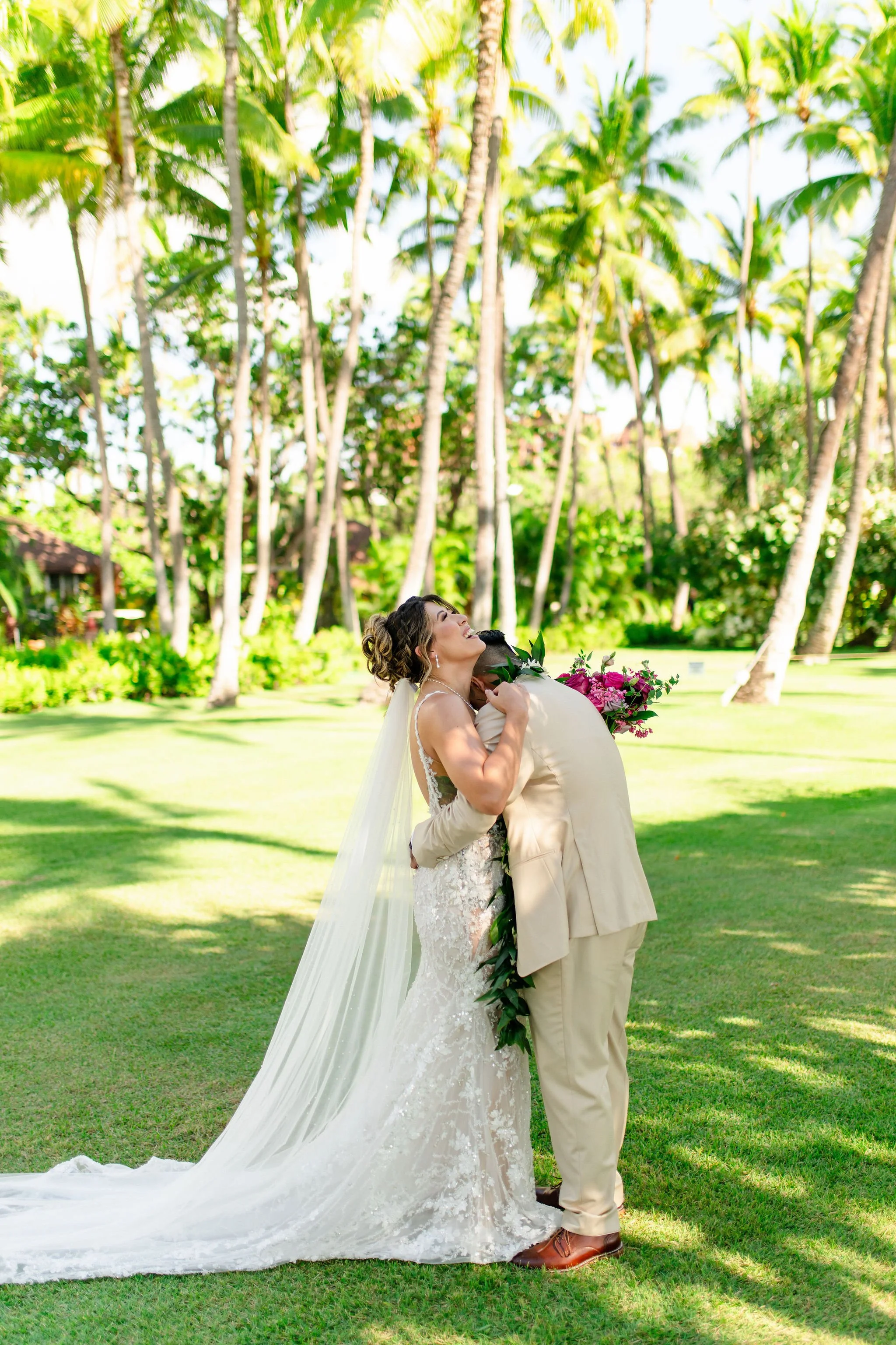 groom and bride during first look at wedding in hawaii