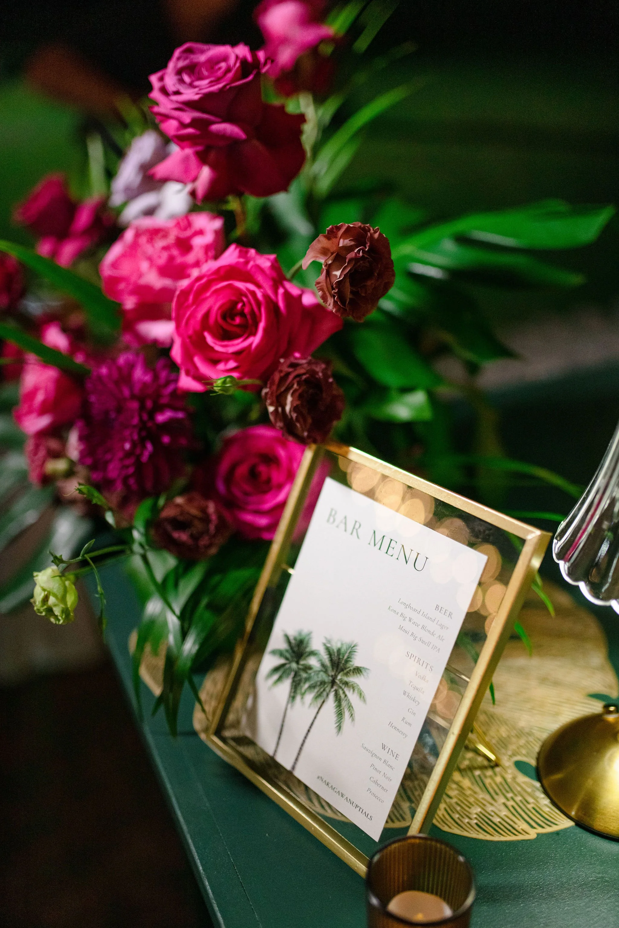 bar menu at green bar with pink flowers
