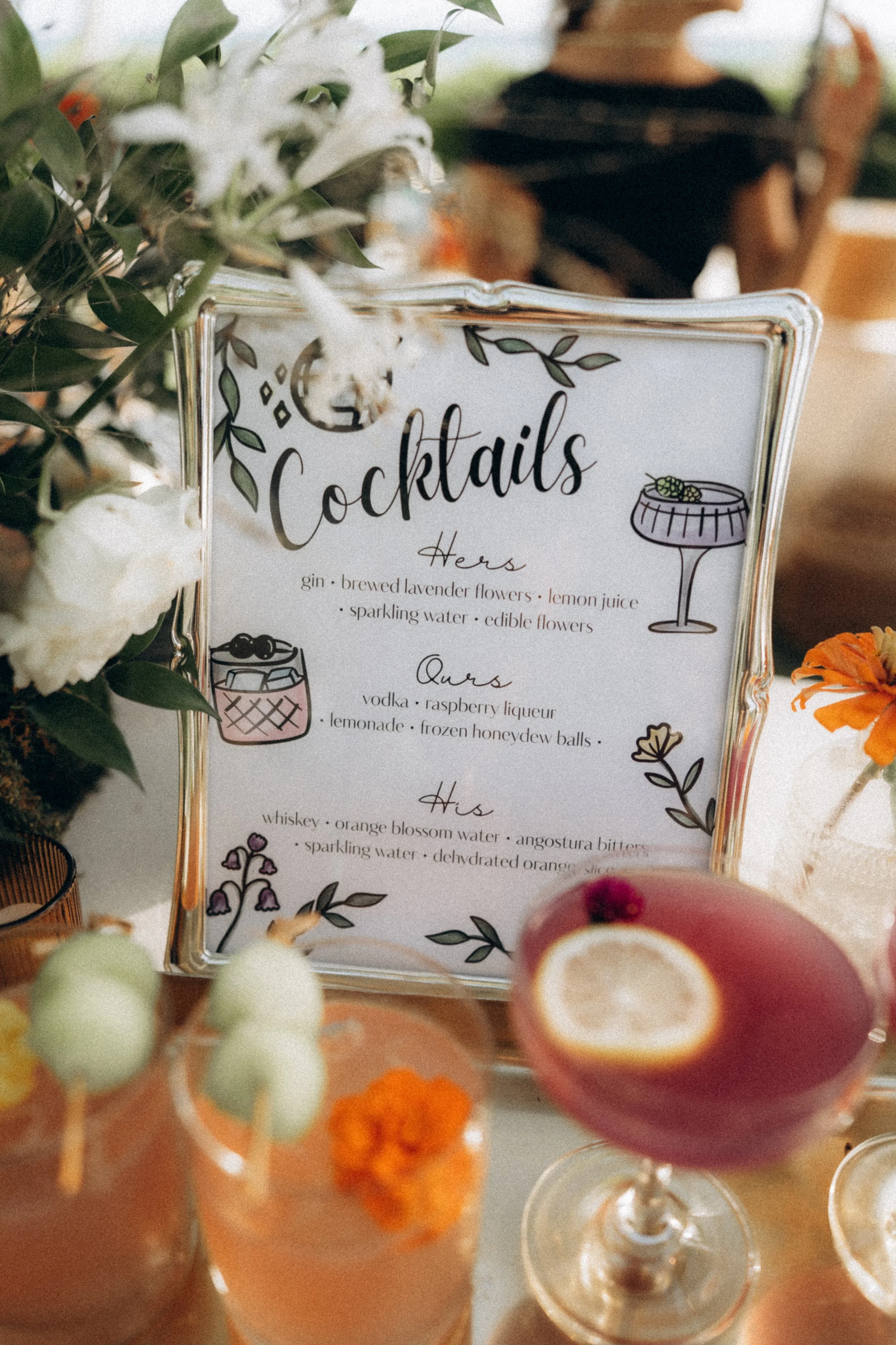Cocktail bar menu in gold picture frame