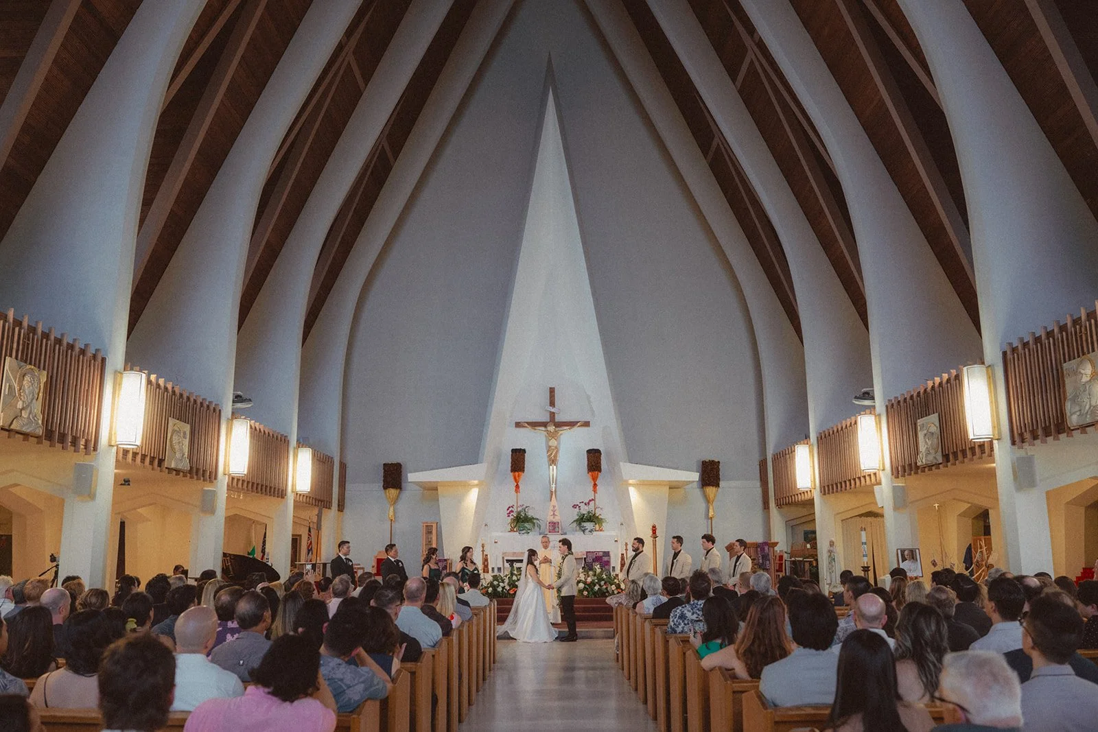 bride and groom at altar in church