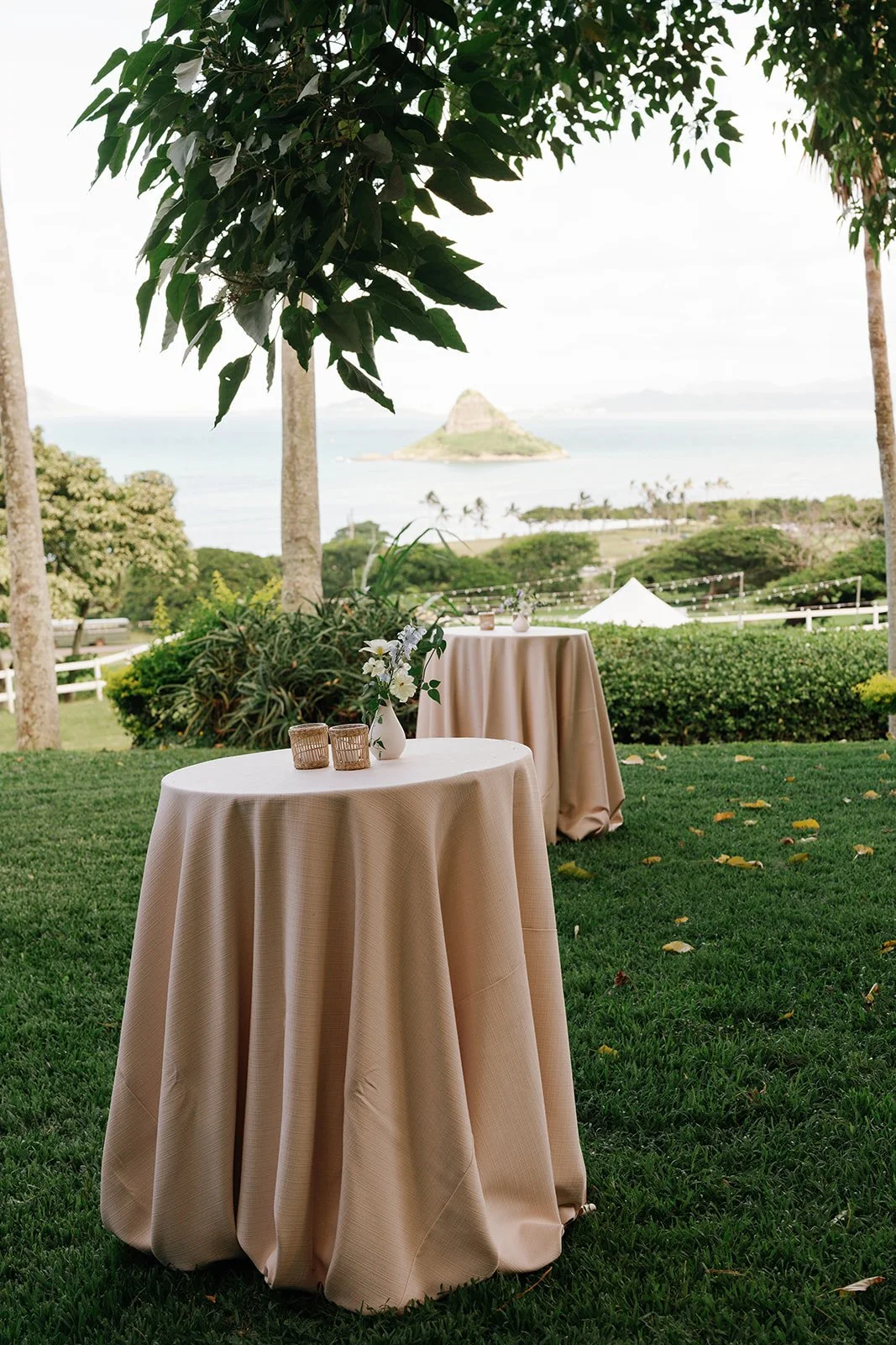 Cocktail tables with ivory linens and decor and bud vases on them