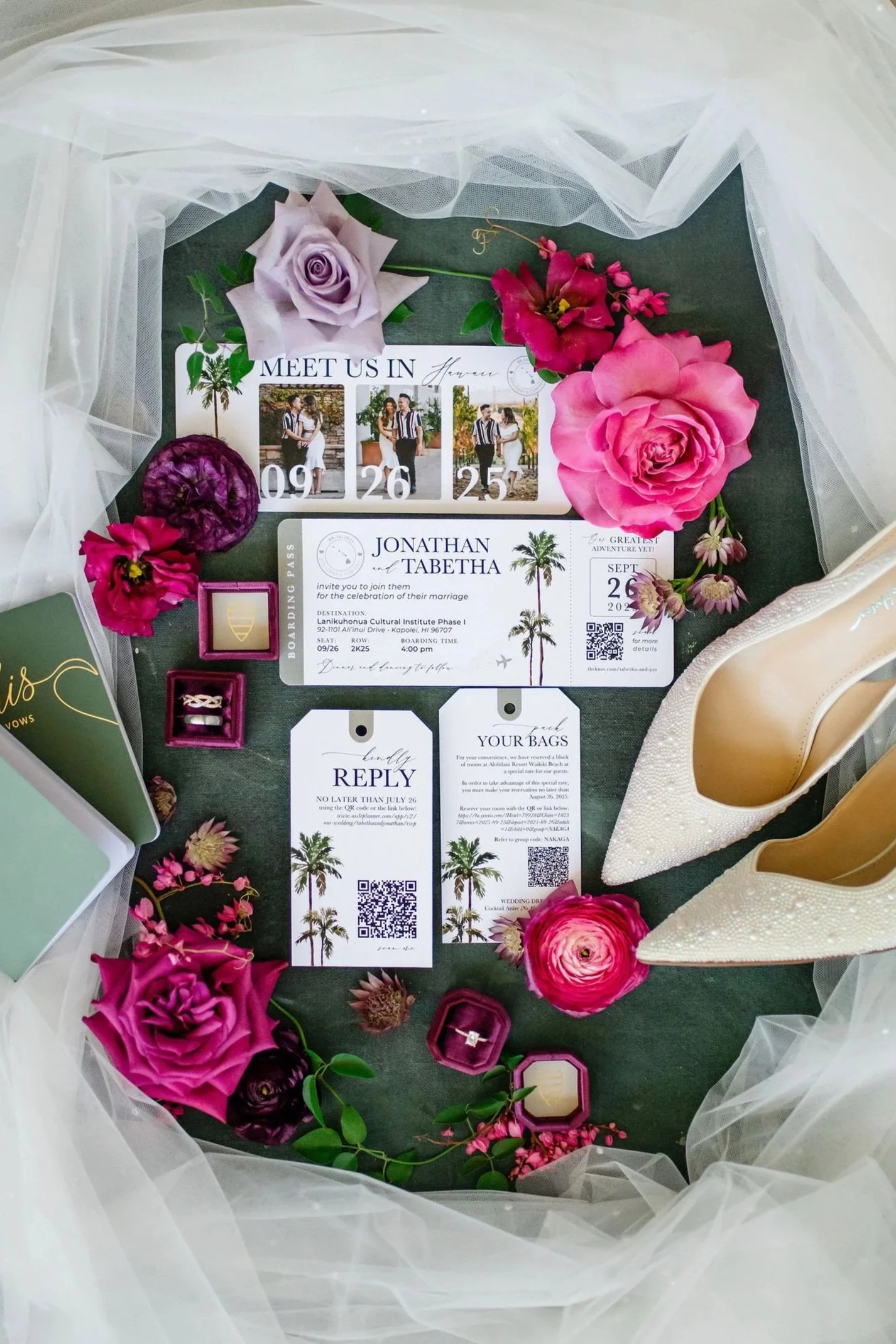 wedding invitations with pink and purple flowers