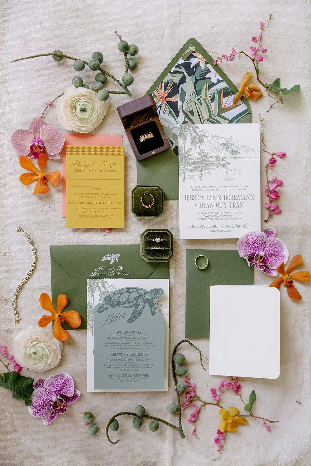 green and white tropical invitations