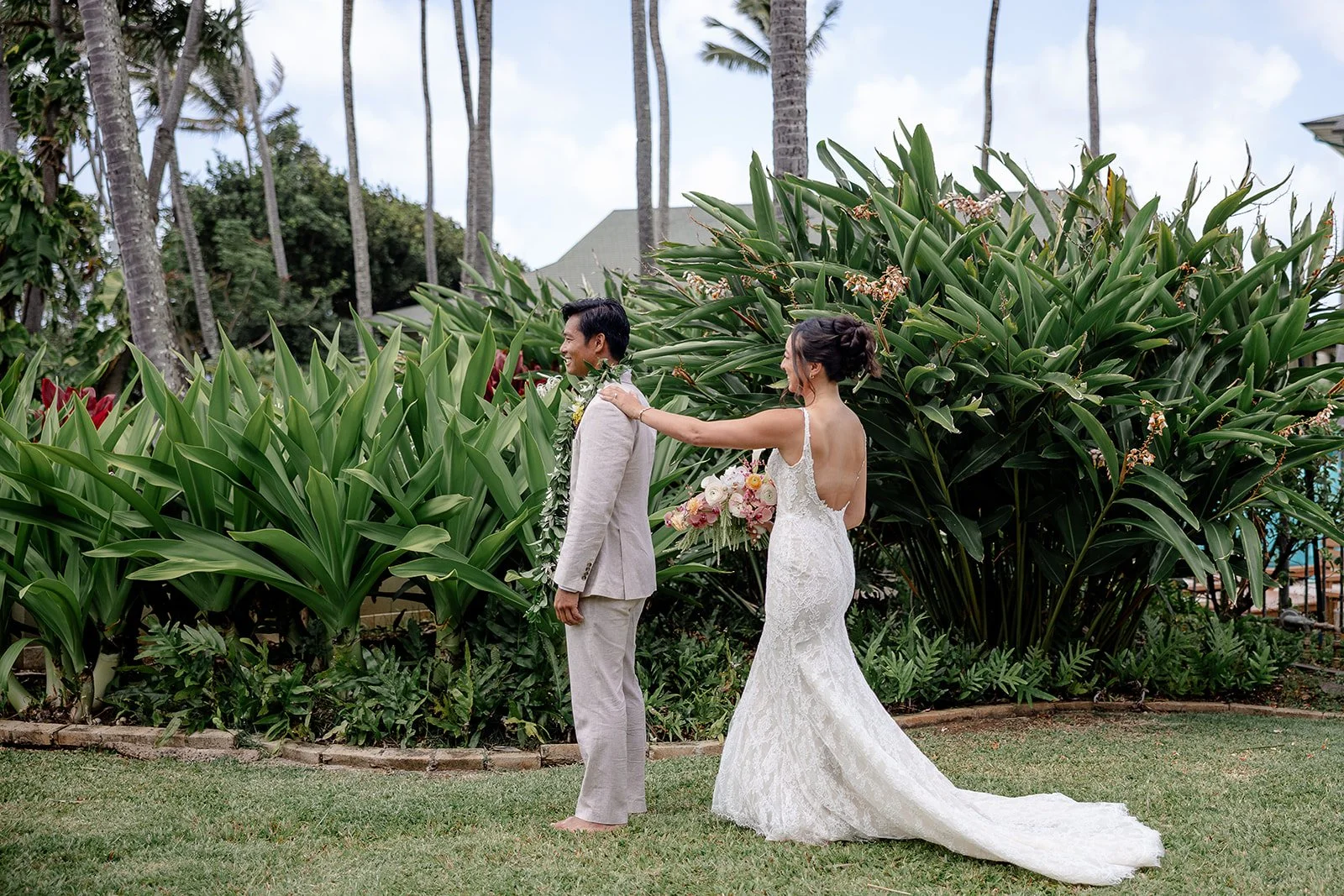 bride and groom during first look