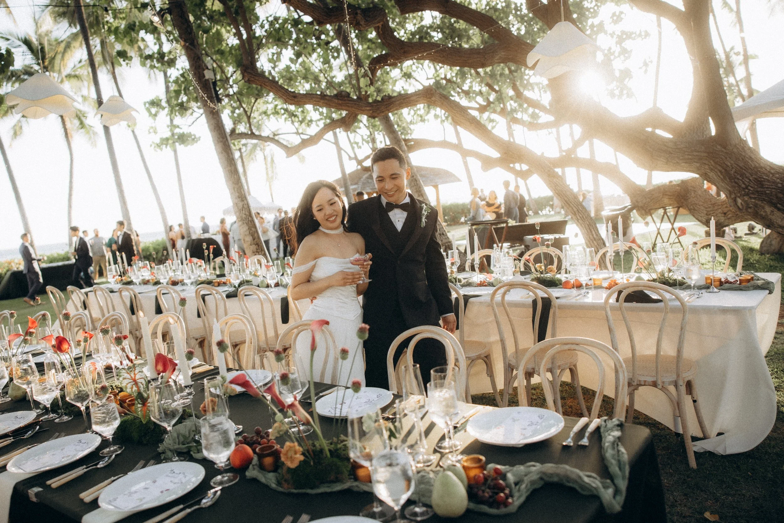 Couple admiring their reception set up together