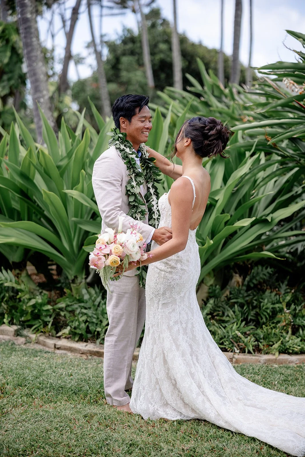 bride and groom during first look