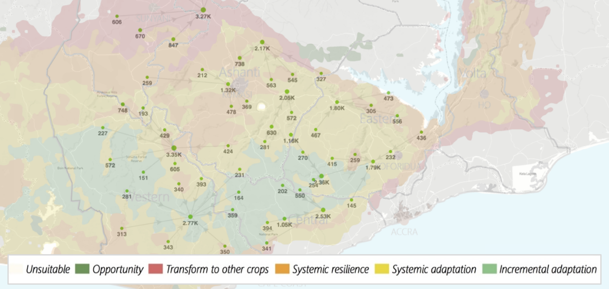 Adaptation zones in the Ghanaian cocoa sector overlaid with Cost of Inaction estimates
