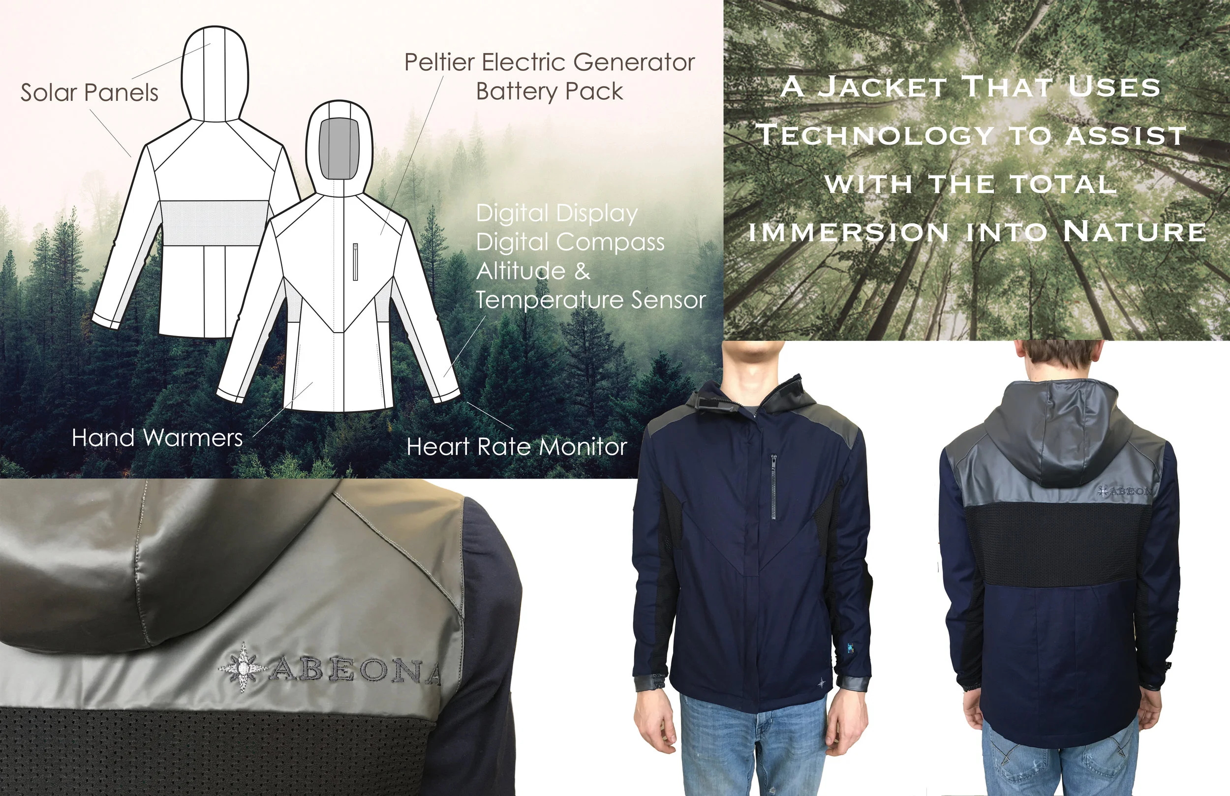  The jacket we created had a built in screen which attached to various sensors. There was a heart rate monitor, thermometer, barometer, and compass, all of which showed on a digital display. We also added a Peltier electric generator battery pack tha