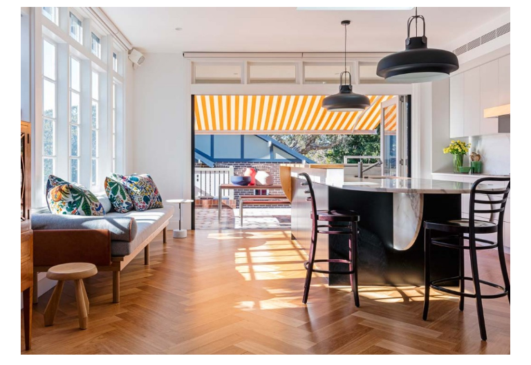 Parquetry floor and original windows in a 1930's Bungalow mesh completely with the contemporary addition. Croydon House