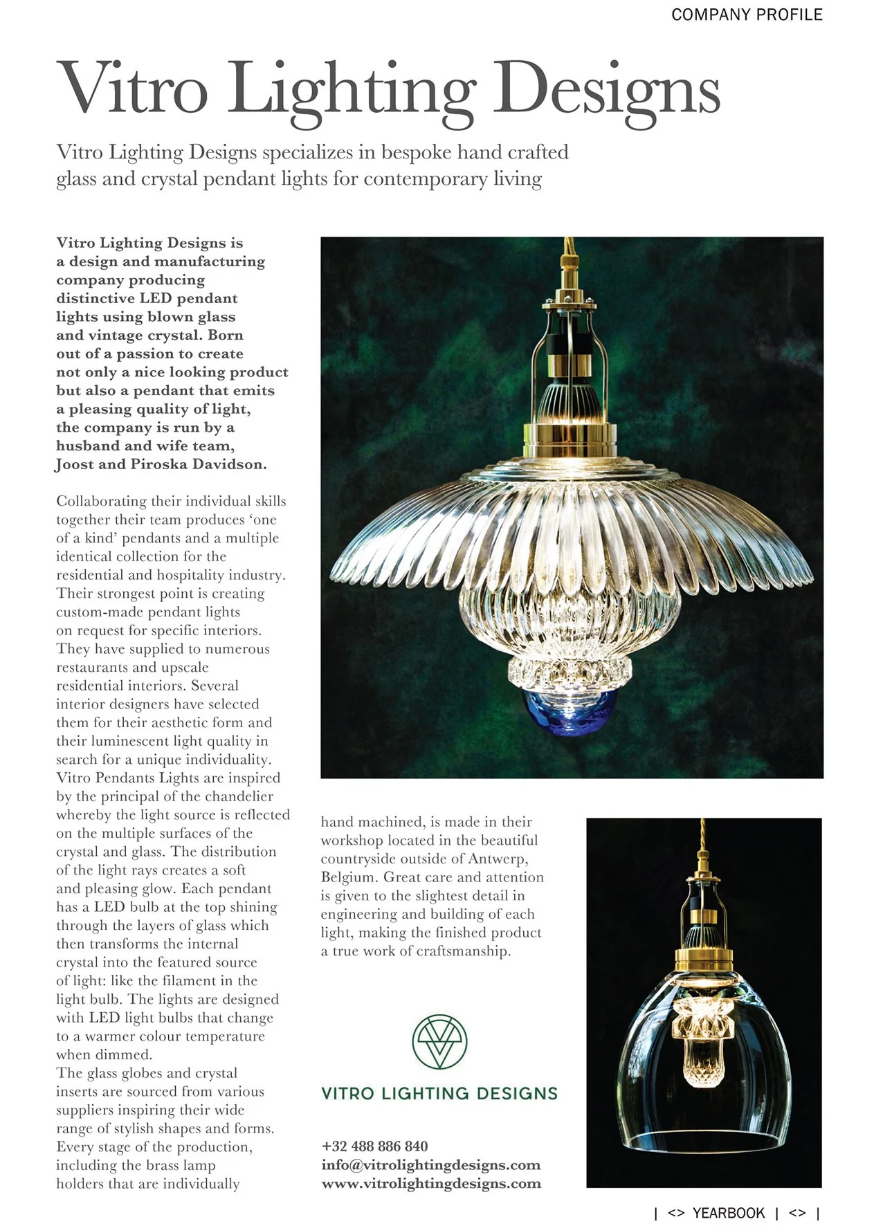 Page from a brochure or catalog featuring Vitro Lighting Designs, showcasing a hand-crafted glass pendant light with a vintage crystal design and LED light source, highlighting craftsmanship and artistic detailing.