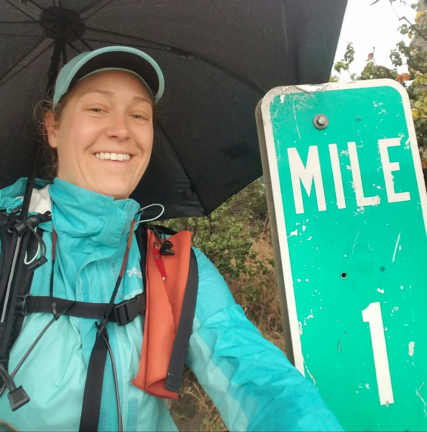 Mile 1! Umbrella out and ready!