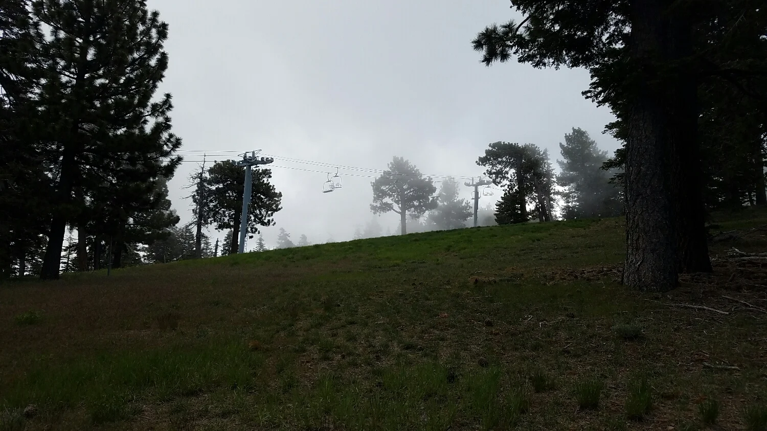 Passing by gondolas, wrightwood is a ski community in the winter. 