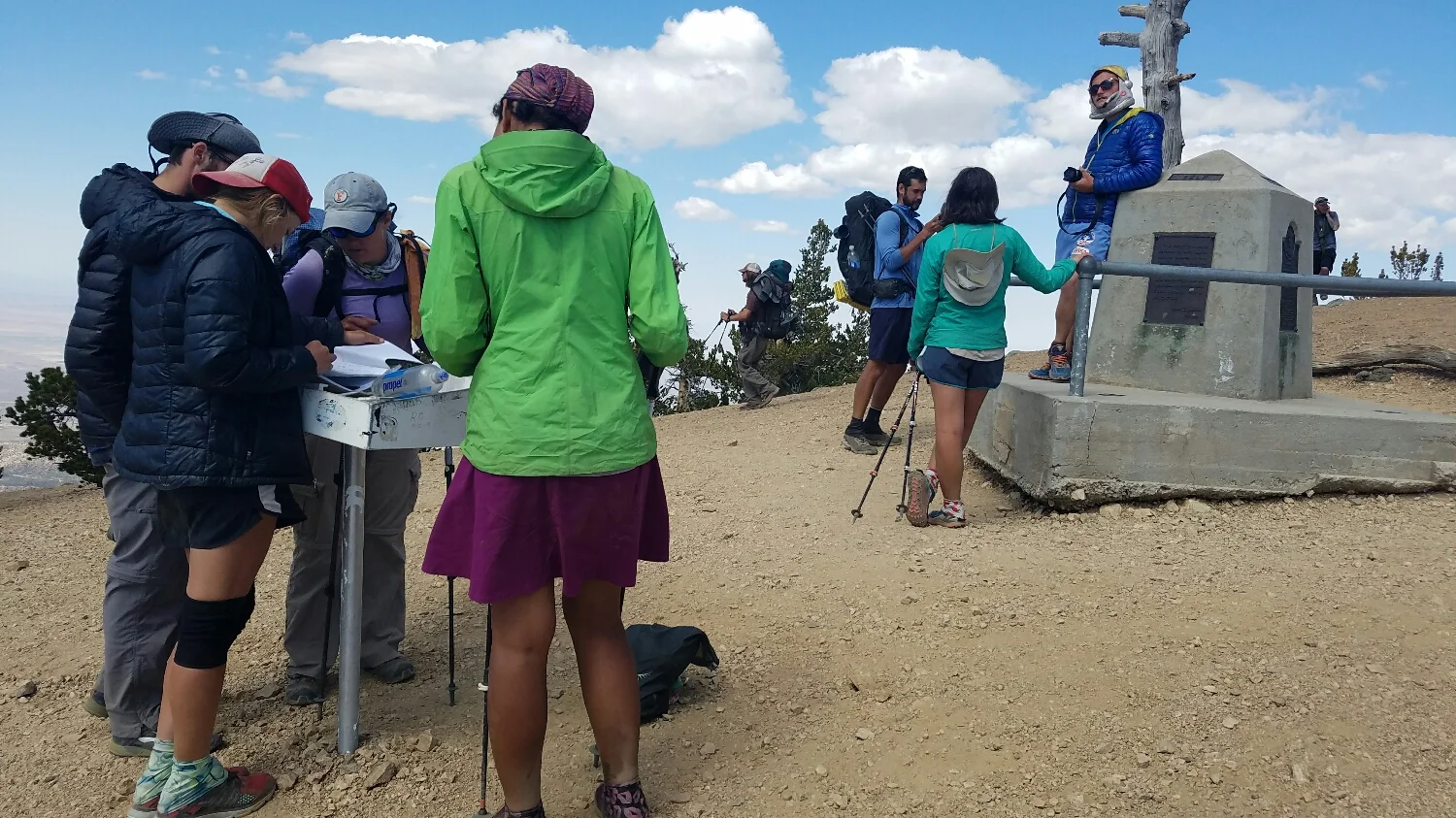 All of us at the summit of Baden-Powell checking out the trail register.