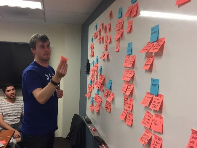 Peter rearranges insights in themes in order to help us visualize key insights across user groups.