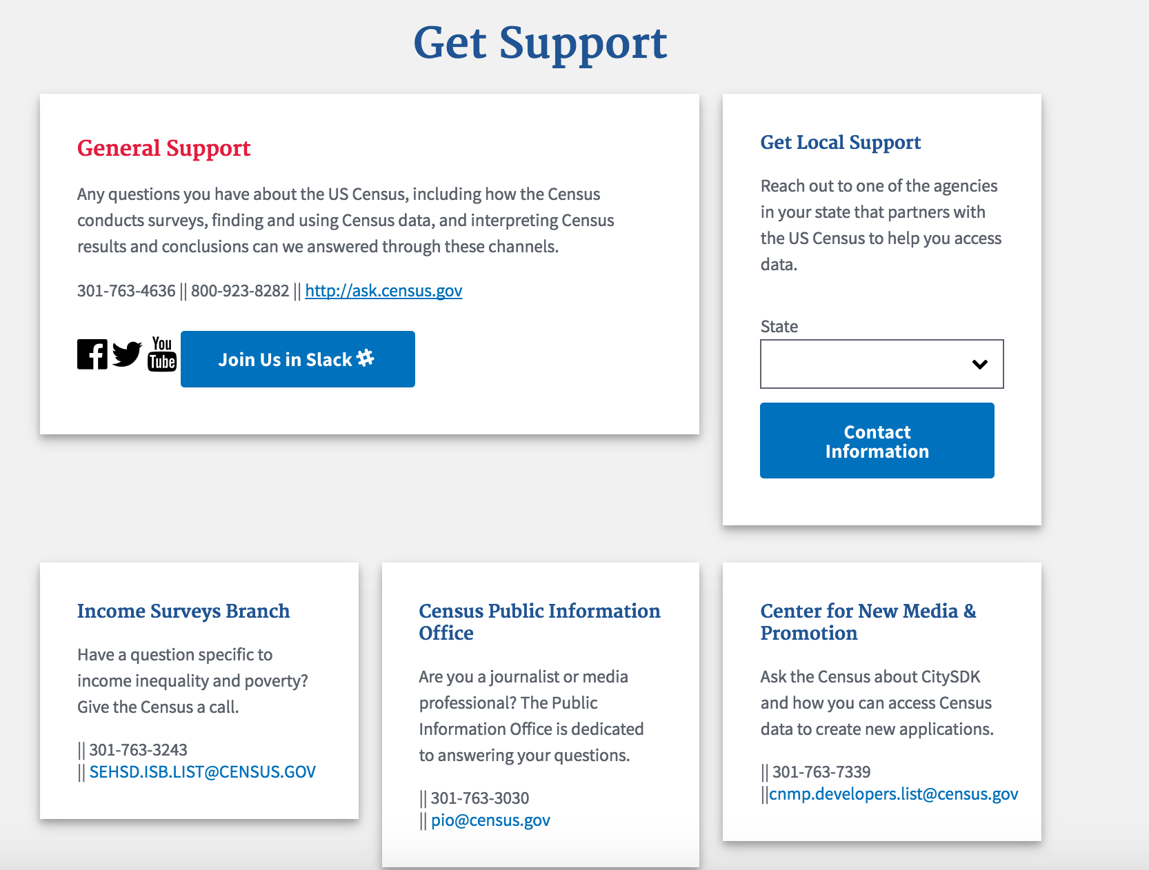 Our prototype provided a more intuitive support section, designed to quickly direct users’ queries to the appropriate Census Bureau channel.