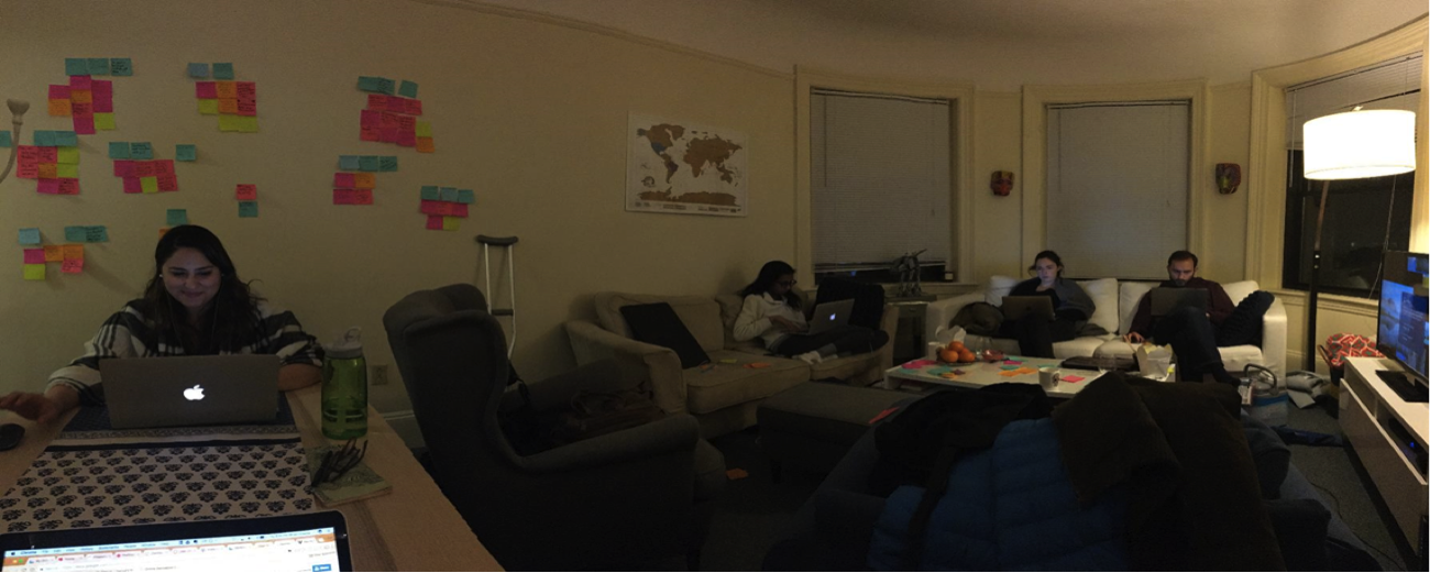 The Commonwealth Team synthesizing our insights in our ‘office’, with some of our KJ results pictured behind Julia