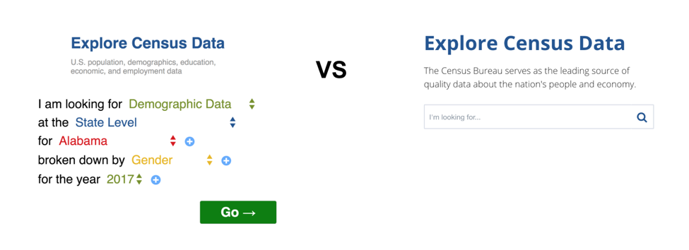 Two prototypes we tested with users: Guided search (left) and open search (right)